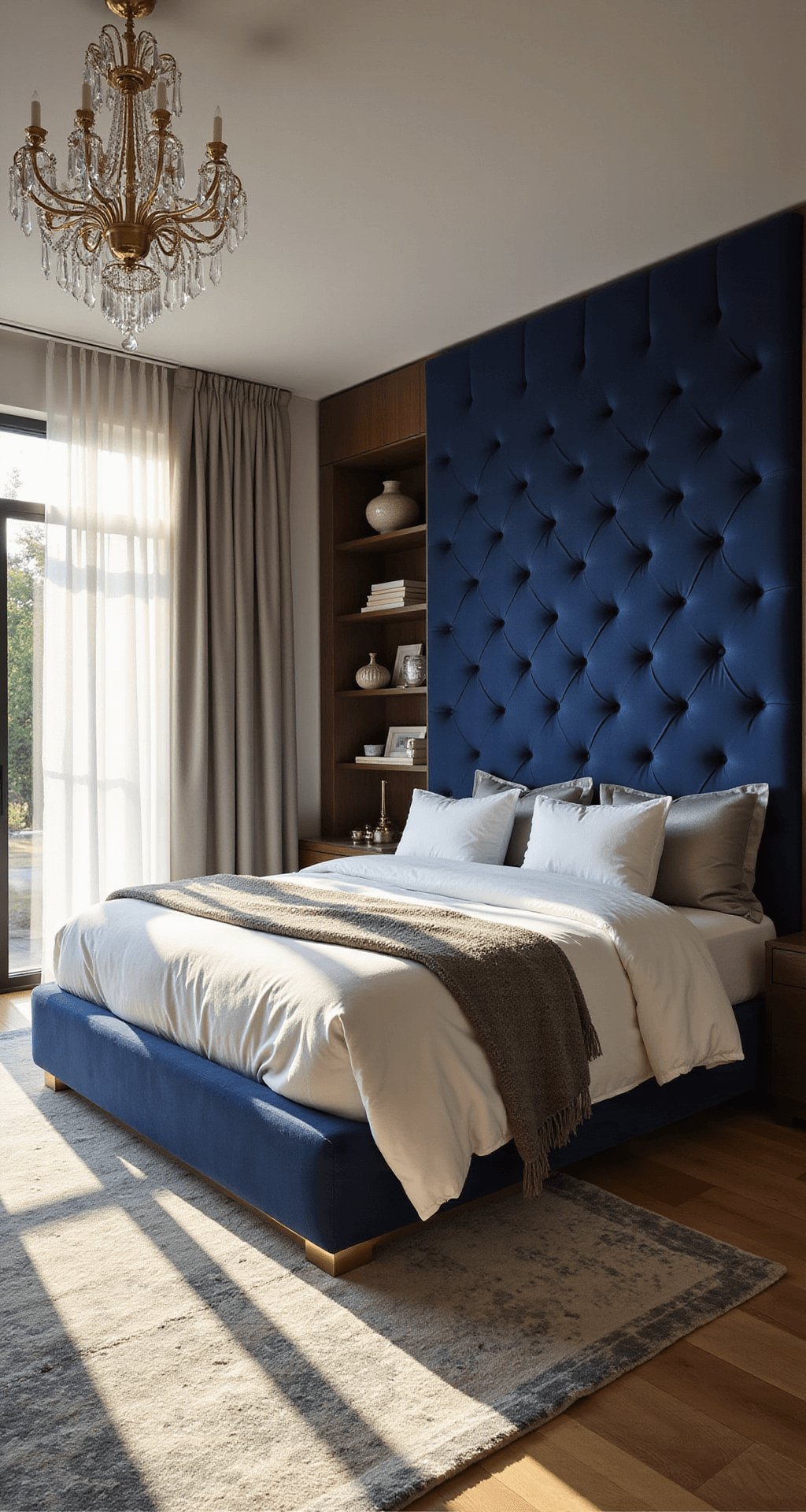 A luxurious master bedroom with a sapphire tufted velvet headboard, cloud-white linens, and silver silk pillows, illuminated by golden hour sunlight filtering through sheer curtains, highlighting a cozy ambiance with layered textures and stylish decor elements.