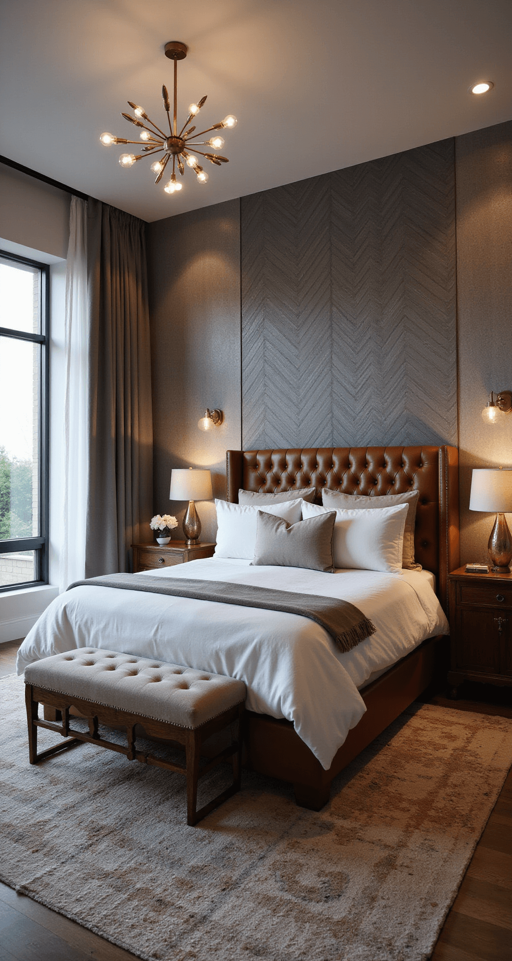 Wide-angle view of a master suite at dusk featuring a herringbone-pattern grasscloth accent wall, a California king platform bed with a cognac brown leather headboard, silk drapes, a bouclé bench, carved wood nightstands, and a plush Moroccan rug, illuminated by ambient brass sconces and a modern sputnik chandelier, showcasing a warm neutral color palette.