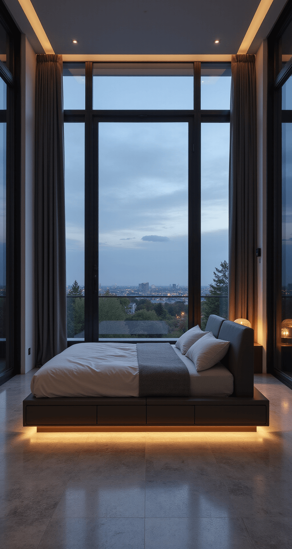 A high-angle view of a tech-integrated luxury bedroom at twilight, featuring a floating platform bed with LED lighting, motorized blackout curtains, and floor-to-ceiling windows. The minimalist decor includes white walls with black metal accents, smoked glass, and copper details, while a voice-controlled lighting system creates a moody ambiance. Hidden speakers and automated climate controls enhance the high-tech feel.