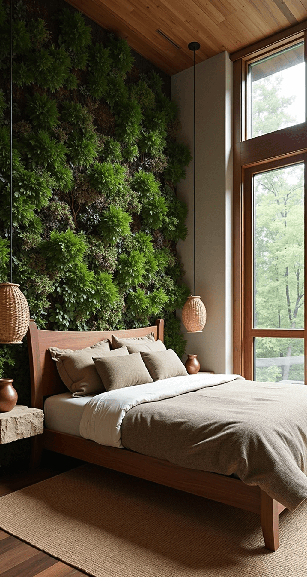 A serene bedroom retreat featuring a walnut bed frame, organic linen bedding, and a living wall of preserved moss and ferns, with panoramic forest views and natural textures in earthy tones.