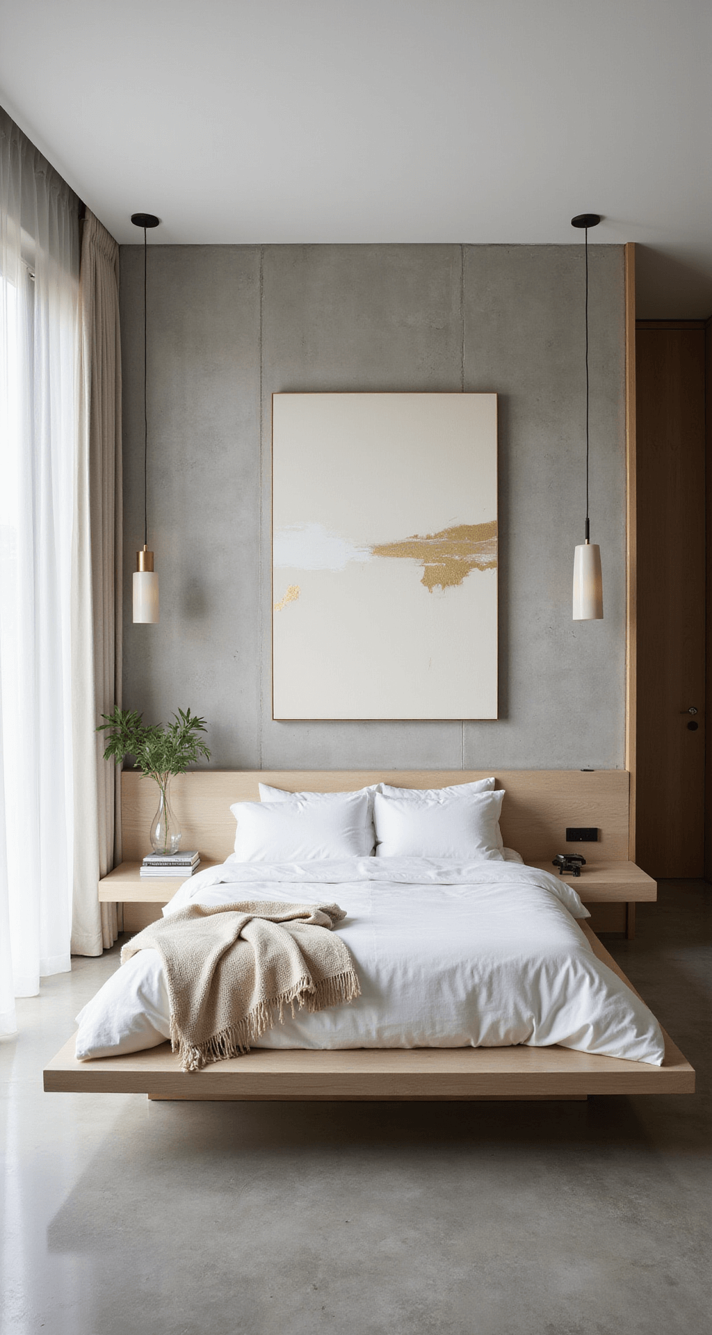 Minimalist luxury bedroom featuring a monolithic concrete accent wall, floating bleached oak bed platform, and floor-to-ceiling windows with automated white sheers. The space includes an oversized ivory and gold abstract canvas, asymmetrically hung ceramic pendant lights, and pure white bedding with cashmere throws, all set against polished concrete floors that reflect natural light.