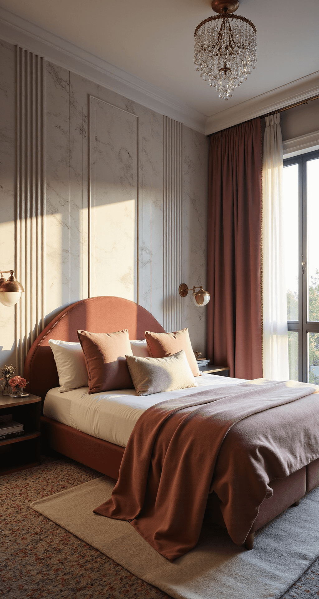 A luxurious 16x18ft bedroom at sunset featuring fluted marble wall panels, a curved dusty rose velvet headboard, mixed metal nightstands, a patterned silk carpet, and a crystal drop chandelier, all illuminated by dramatic side lighting that highlights rich textures in a dusty rose, gold, and gray palette.