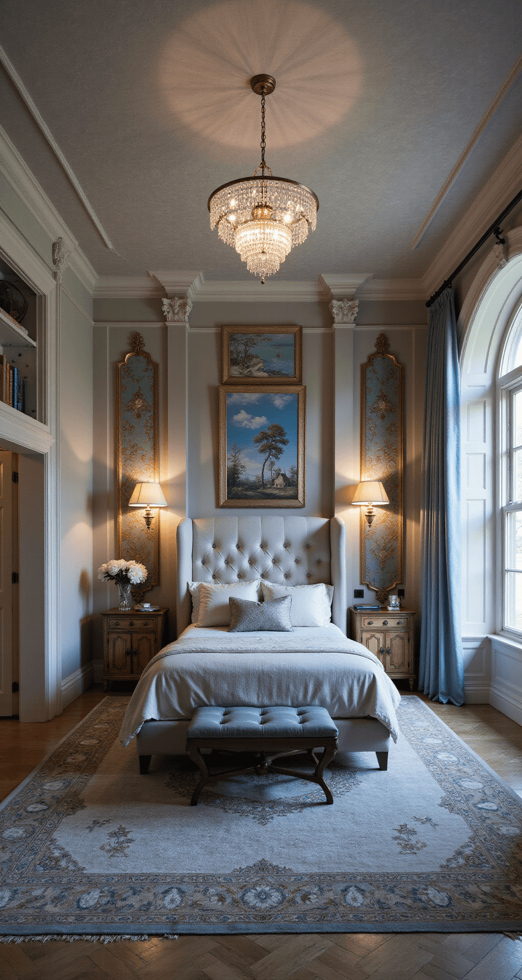 A tranquil master suite at blue hour, featuring custom pearl gray silk upholstered walls, a canopy bed with reading lights, hand-painted chinoiserie screens, and vintage nightstands. A Venetian plaster ceiling adorned with a modern crystal chandelier complements the layered rugs of vintage silk and modern wool. The room's color palette includes pearl gray, vintage gold, and soft blue, highlighted by atmospheric evening lighting and a thoughtfully displayed personal art collection.