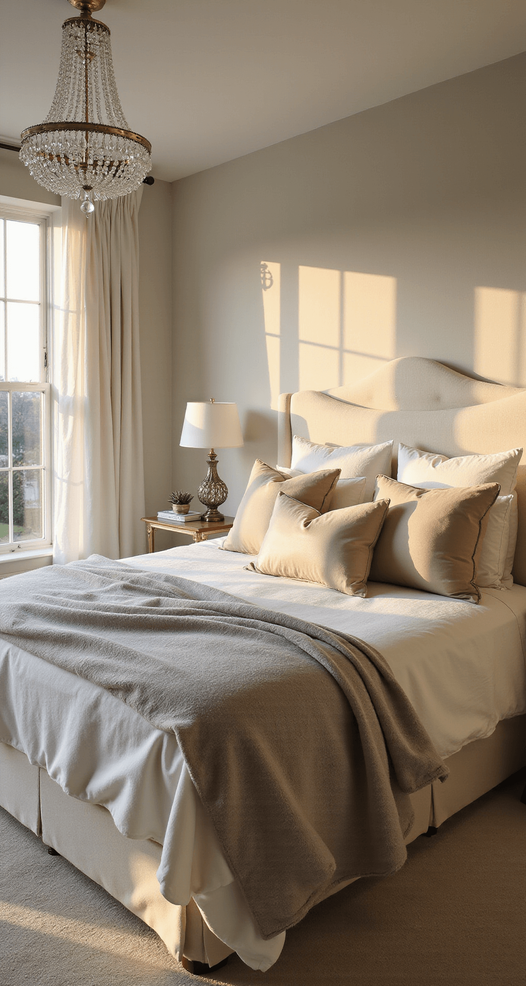 A spacious master bedroom with floor-to-ceiling windows, featuring a cream linen headboard and a king bed dressed in ivory Egyptian cotton, adorned with plush pillows in muted champagne and pearl, and a soft heather grey cashmere throw, all illuminated by golden hour sunlight and a crystal chandelier, creating a serene and sophisticated atmosphere.