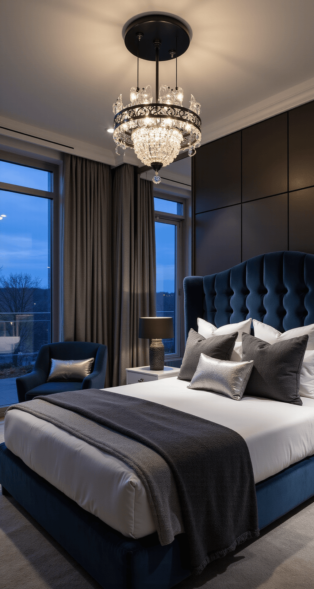 A modern bedroom at dusk featuring a black metal and crystal chandelier, a deep navy curved velvet headboard, marble-topped nightstands, crisp white linens with charcoal cashmere throws, and silver accent pillows, all illuminated by moody ambient lighting.