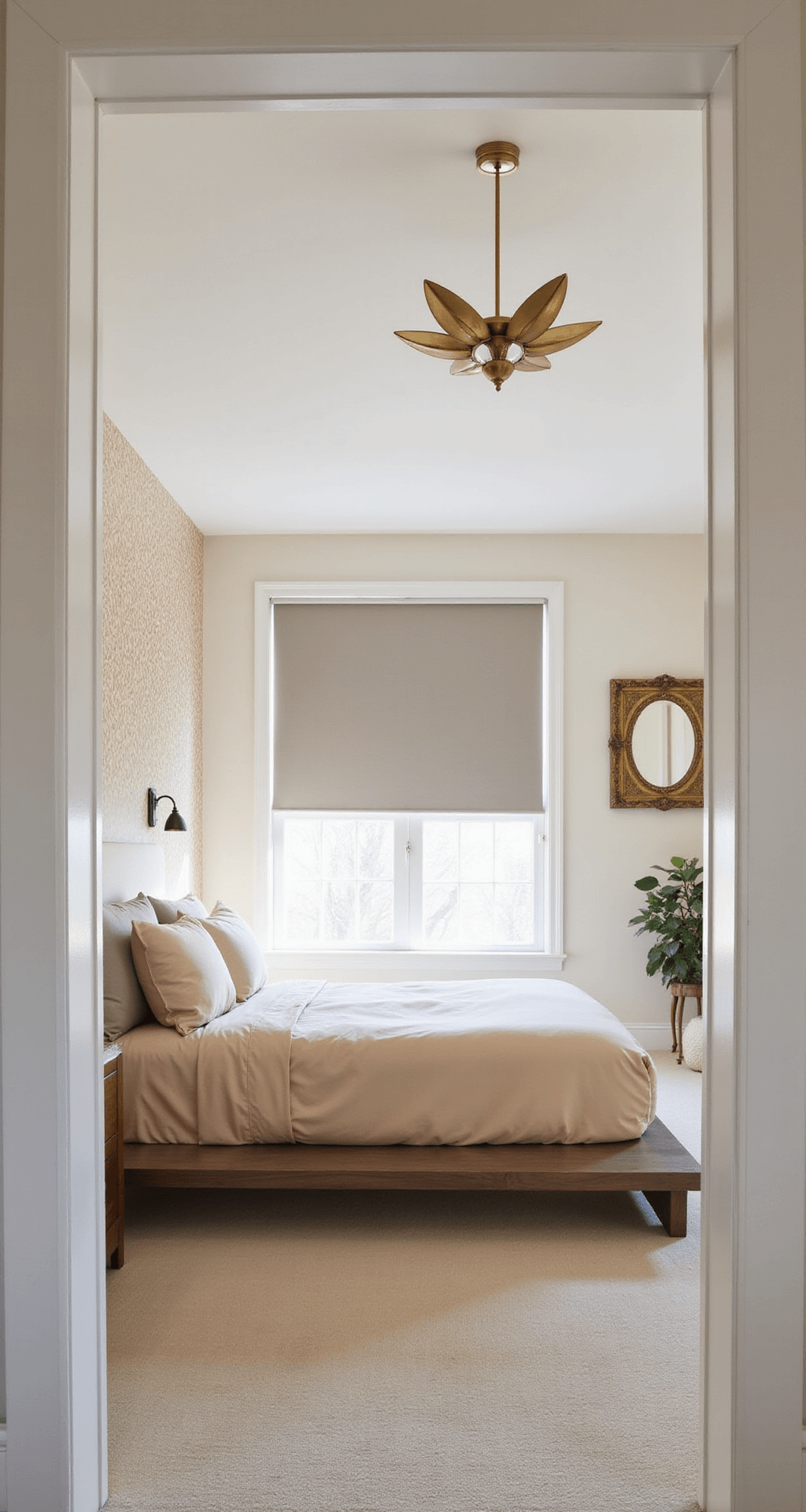 Bright, airy 14x16ft minimalist bedroom featuring a platform bed with champagne silk bedding, sculptural brass pendant light, custom geometric wallpaper, partially drawn blackout shades, and a vintage brass-framed mirror, all captured from an elevated angle near the doorway.