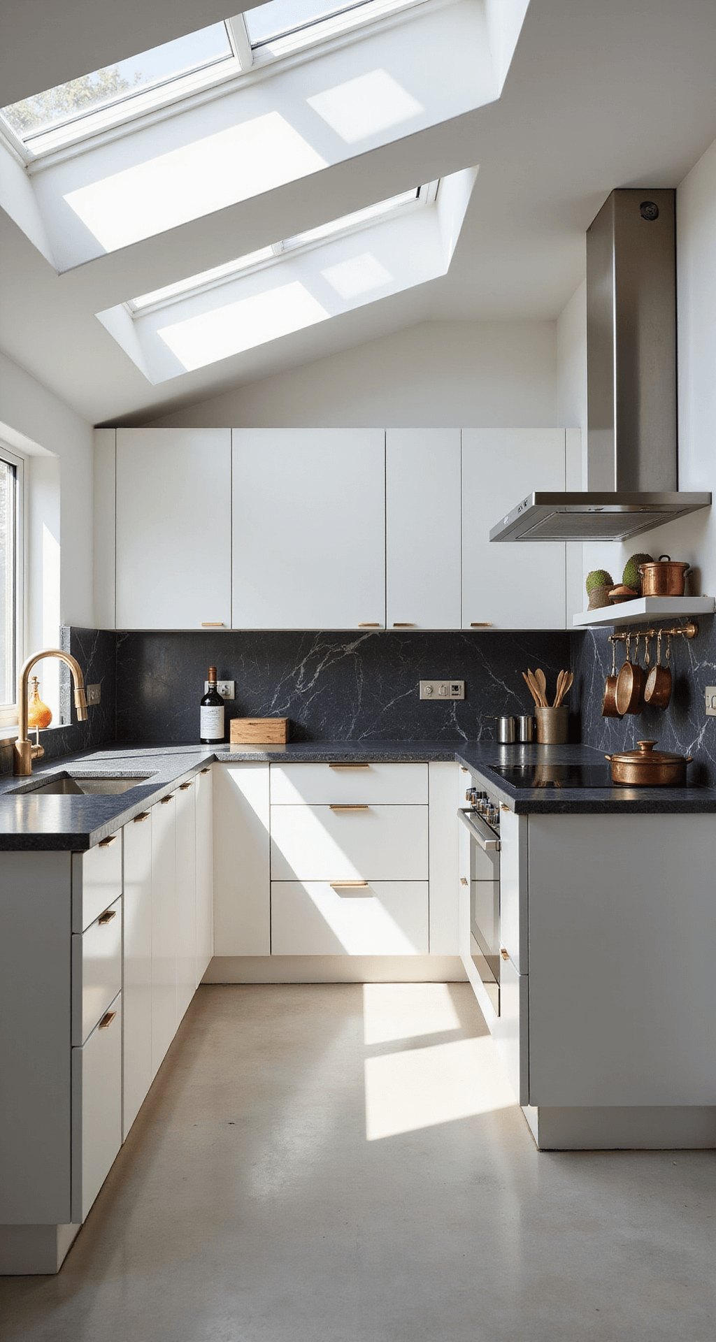 Modern 16x20ft designer kitchen featuring a waterfall island, white lacquer cabinets, black marble countertops, and brass hardware, illuminated by mid-morning natural light through skylights, with a minimal aesthetic and copper cookware display, captured from the corner showcasing the workflow triangle.