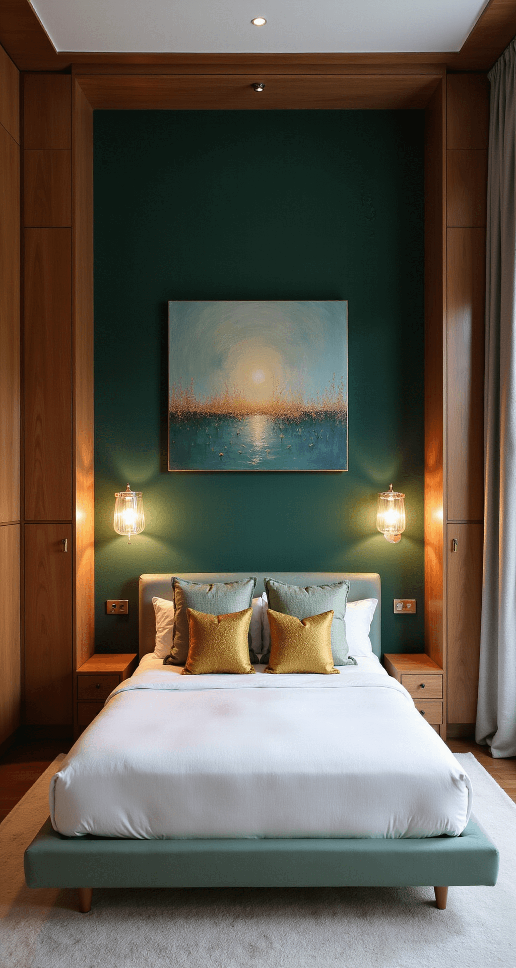 Intimate 12x12ft bedroom at twilight featuring an emerald green velvet accent wall, floating walnut headboard, warm white Egyptian cotton bedding, sage and gold textured pillows, crystal sconces, and an abstract canvas in jewel tones, all designed with layered lighting and concealed built-in storage.