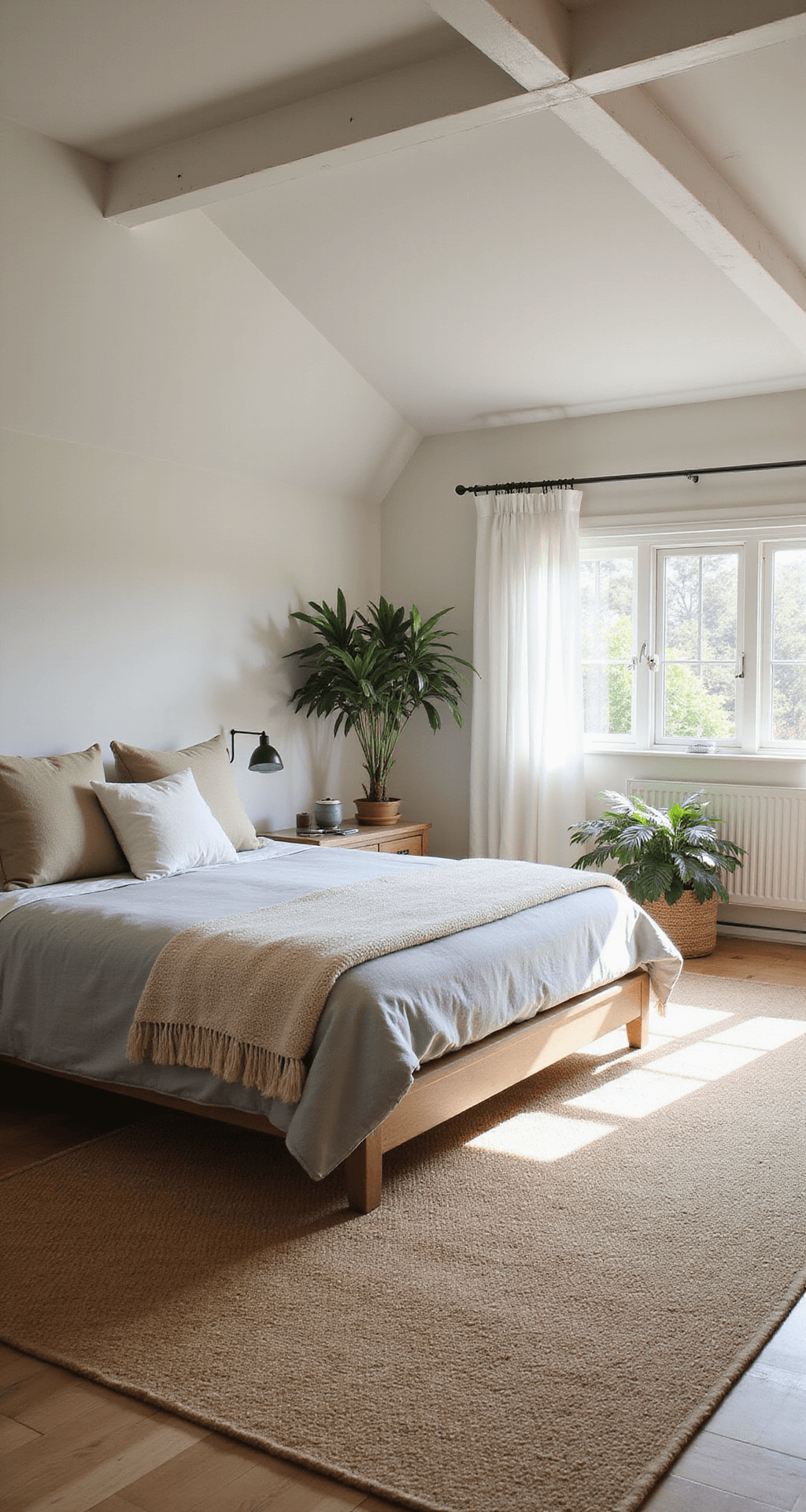 Bright and spacious primary suite with vaulted ceiling and exposed white beams, featuring a California king bed in organic grey linen, surrounded by natural-toned pillows and throws, potted plants, and an aromatherapy diffuser, all on a jute rug, captured warmly in natural morning light.