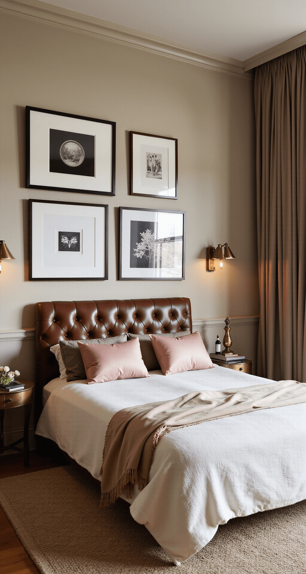 Cozy 13x15ft bedroom at sunset featuring a tufted leather headboard, antique brass side tables, luxe bedding in cream and taupe, silk accent pillows in dusty rose, and a gallery wall of curated artwork, captured from a corner position with warm lighting.