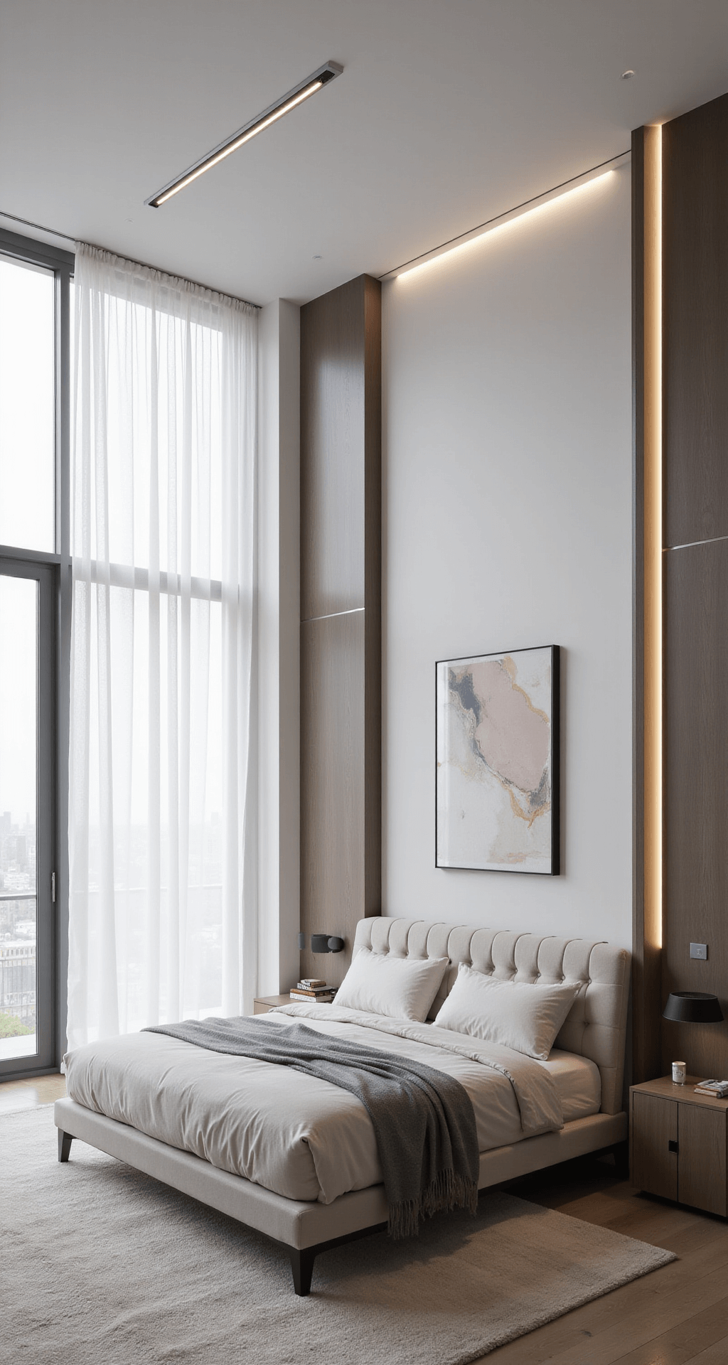 A modern 15x17ft bedroom featuring floor-to-ceiling windows with sheer white drapes, a platform bed with a channel-tufted headboard in pearl grey velvet, smart lighting, and an integrated sound system. Contemporary abstract artwork adorns the walls, creating a bright and airy atmosphere with clean lines and subtle warmth.
