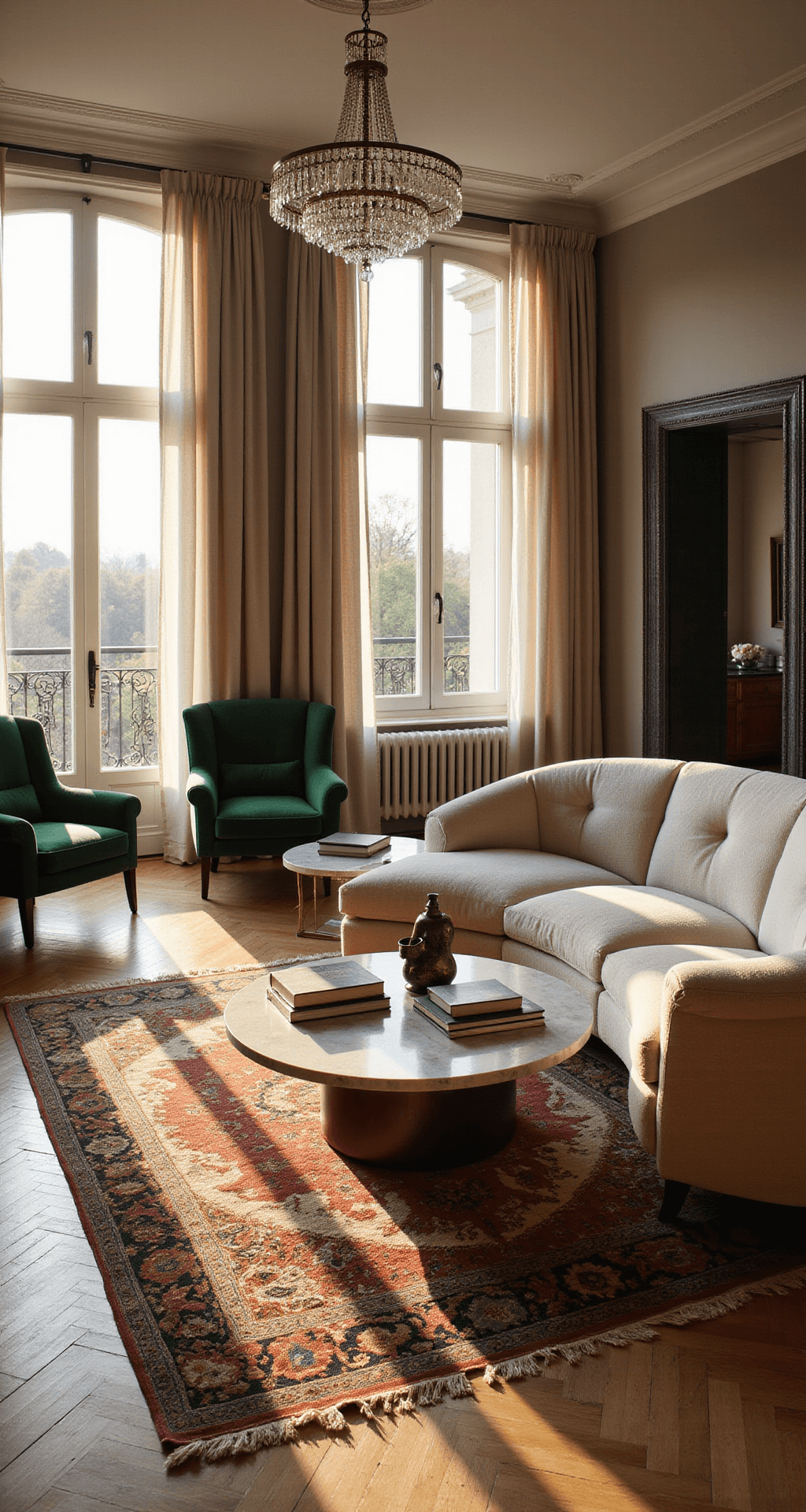 A spacious 30m² living room bathed in warm golden hour light, featuring a cream bouclé sofa, emerald velvet accent chairs, a round marble coffee table with art books and a bronze sculpture, layered Persian rugs, and sheer linen curtains, all illuminated by a crystal chandelier.