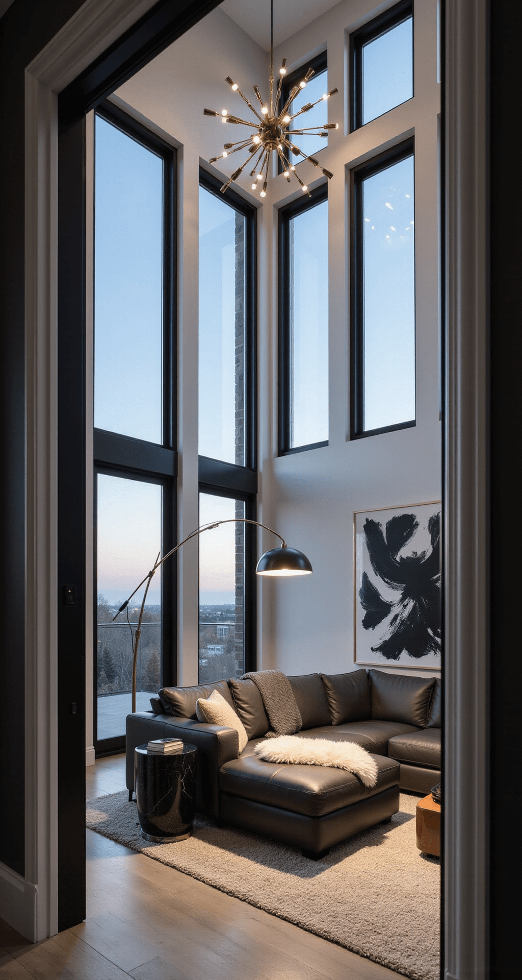 A modern luxury living room at dusk, viewed from the entrance with double-height ceilings and black-framed windows, featuring a monochromatic scheme of charcoal and ivory, an oversized leather sectional, minimalist black marble side tables, a brass-finished floor lamp, abstract black and white artwork, a textured wool carpet, soft silk throw pillows, and sheepskin throws, with a contemporary chandelier providing key lighting.