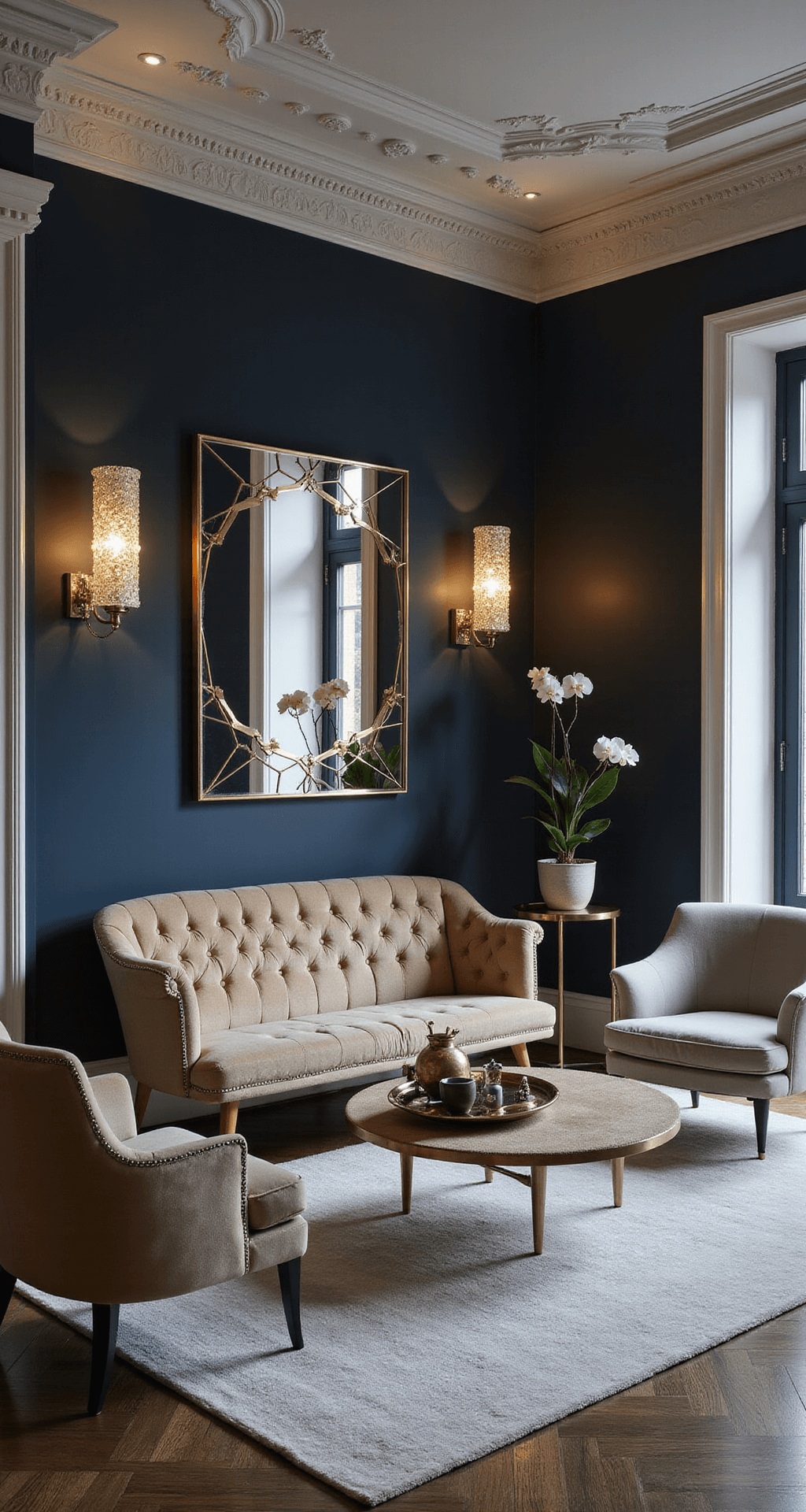 Intimate 25m² living space at blue hour featuring coffered ceilings with hidden LED lighting, deep navy walls with ivory trim, a champagne tufted velvet sofa, brass-framed armchairs in silvery silk, a geometric mirror gallery wall, a shagreen coffee table styled with orchids, and Venetian plaster walls for texture, all captured with shallow depth of field.