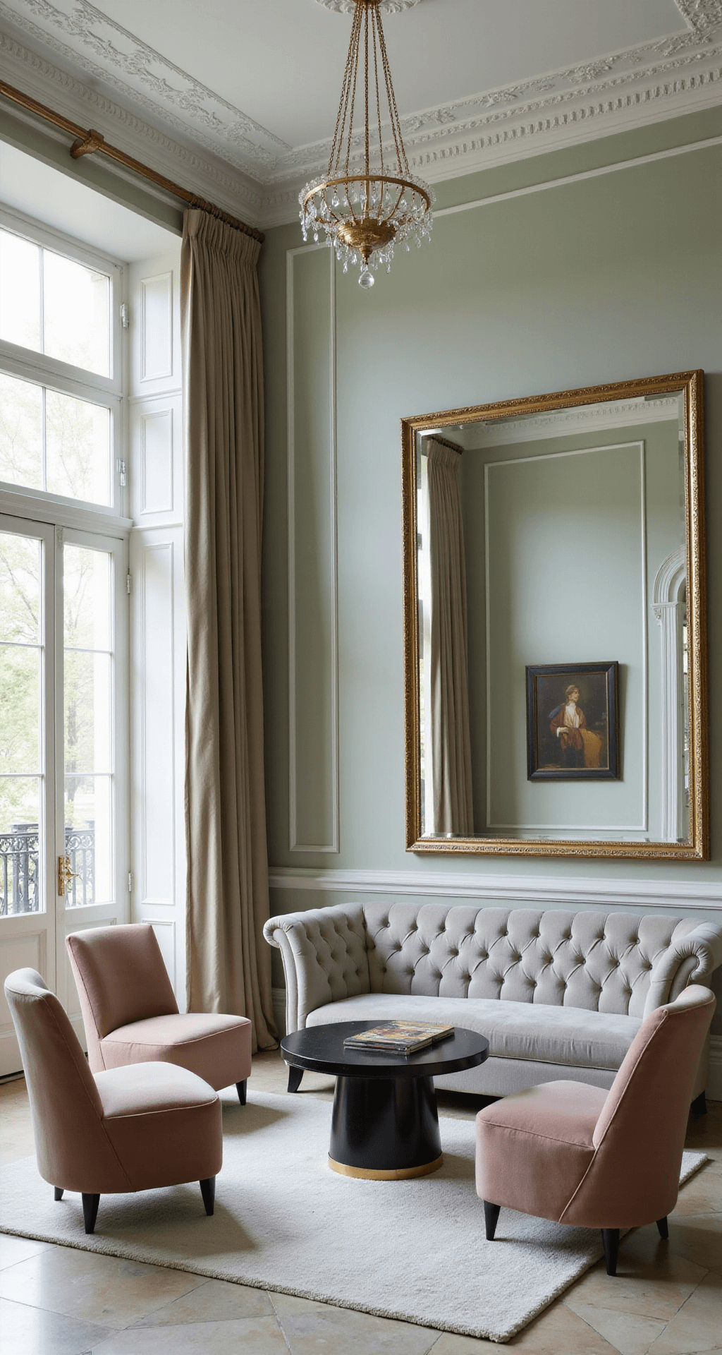 Corner view of an art deco-inspired living room featuring pale sage walls, a pearl grey velvet curved sofa, blush pink mohair swivel chairs, and a black lacquered coffee table with brass inlay, illuminated by a crystal drop chandelier and reflected in an oversized gilt mirror.