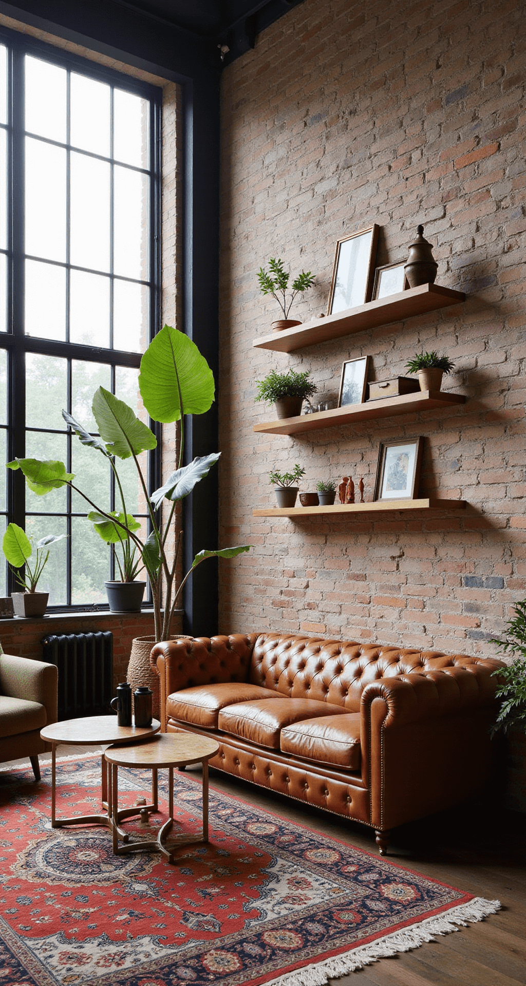 A wide-angle view of a stylish open-concept living area bathed in morning light, featuring industrial-height black steel windows, a cognac leather Chesterfield sofa against an exposed brick wall, mid-century modern olive bouclé chairs, floating brass shelves with curated art objects, and a vintage Persian rug in jewel tones, flanked by fiddle leaf fig trees, showcasing high contrast to highlight textures.