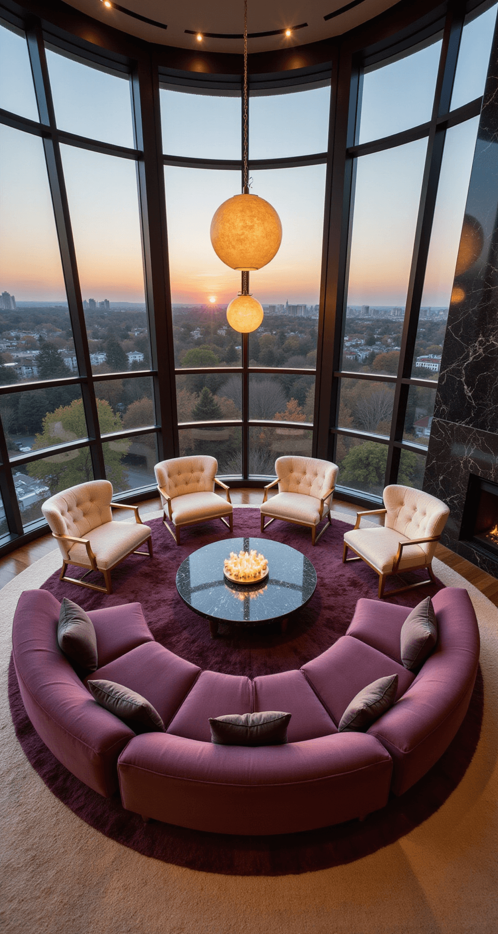 Bird's eye view of a circular living room at sunset, featuring curved floor-to-ceiling windows with city views, a central round deep aubergine velvet sofa, brass-framed cream boucle chairs, concentric circular rugs, alabaster pendant lights, and a black marble fireplace, all highlighted by dramatic lighting.