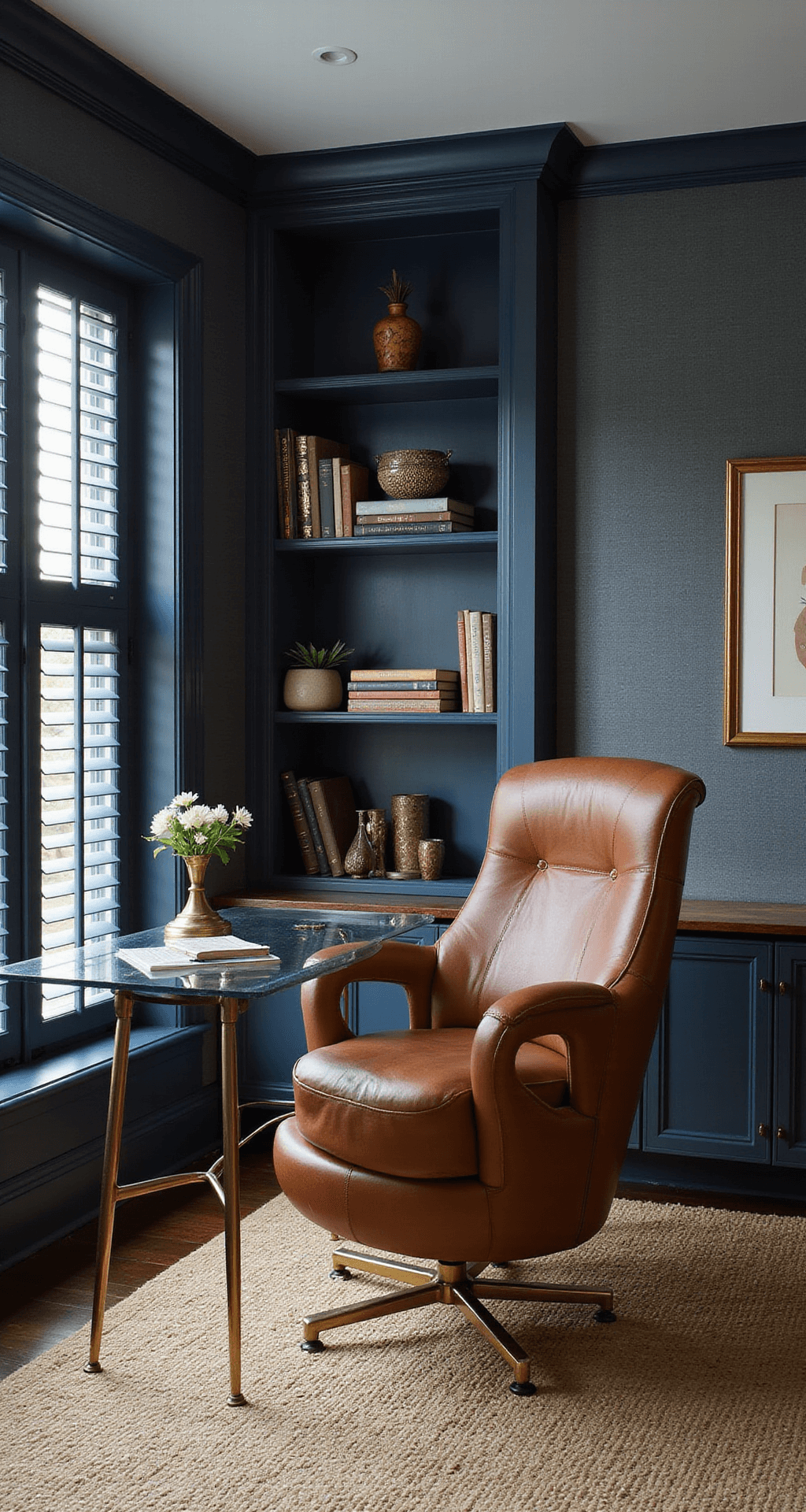 A refined 12x14ft home office featuring built-in bookshelves, a glass-topped desk with a leather executive chair, vintage accessories, and art books, illuminated by afternoon indirect light through plantation shutters, with textured grasscloth wallpaper and a wool sisal rug in a navy, cognac, and brass color palette, captured from a seated eye level in moody natural lighting.