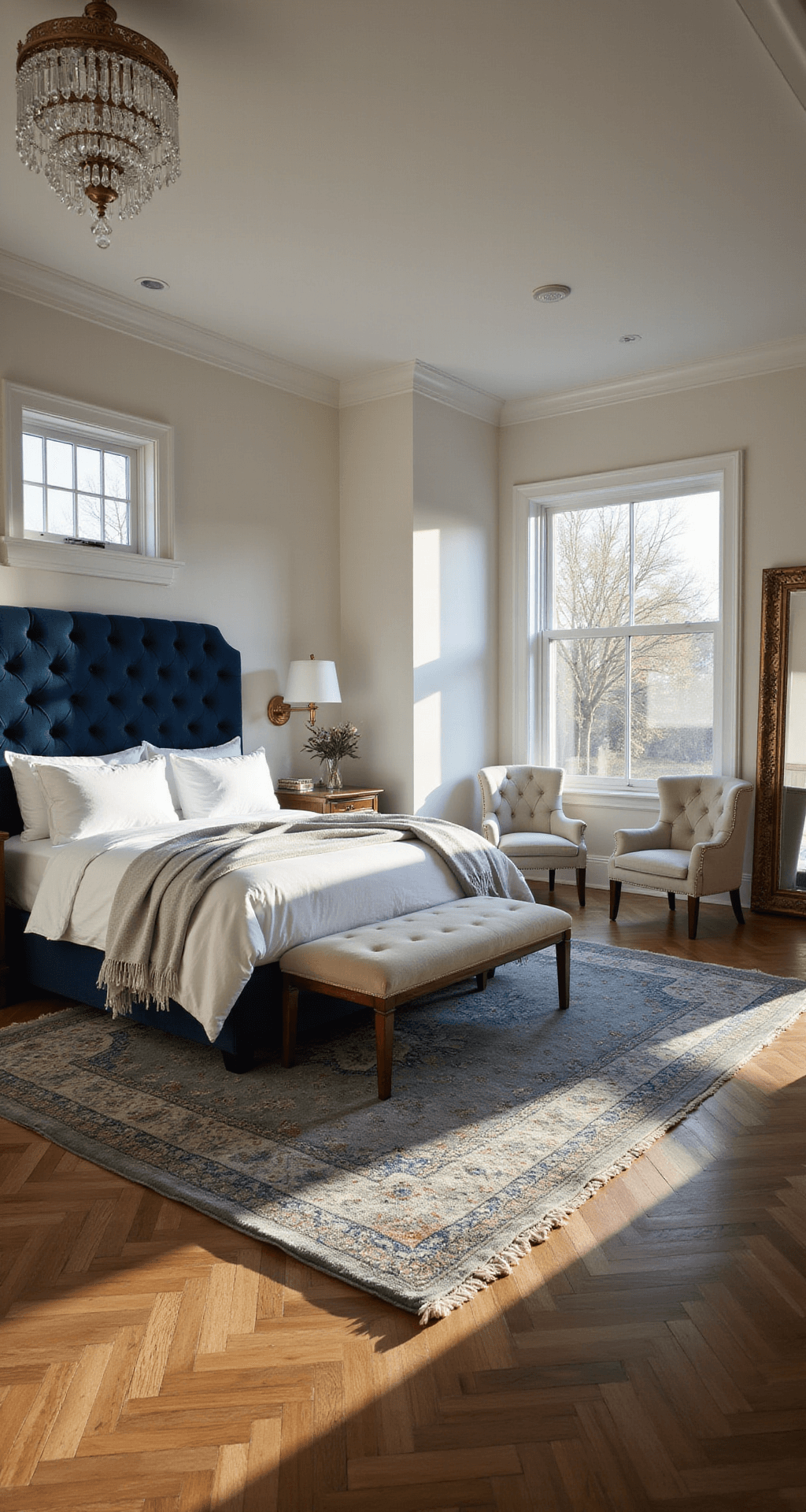 A spacious master bedroom featuring a king-sized bed with a tufted navy velvet headboard, white linens, and silver throws, illuminated by golden hour sunlight streaming through floor-to-ceiling windows. Herringbone hardwood floors and layered Persian rugs enhance the warm ambiance, complemented by a crystal chandelier and brass sconces, with ivory velvet armchairs and an oversized antiqued mirror adding depth to the scene.