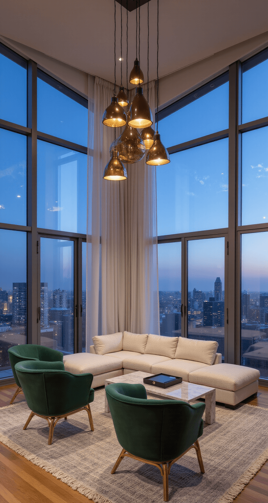 Contemporary living room with double-height windows and city views, featuring an ivory bouclé sectional, brass-framed emerald velvet chairs, a sculptural marble coffee table, and a geometric wool rug, all illuminated during blue hour.