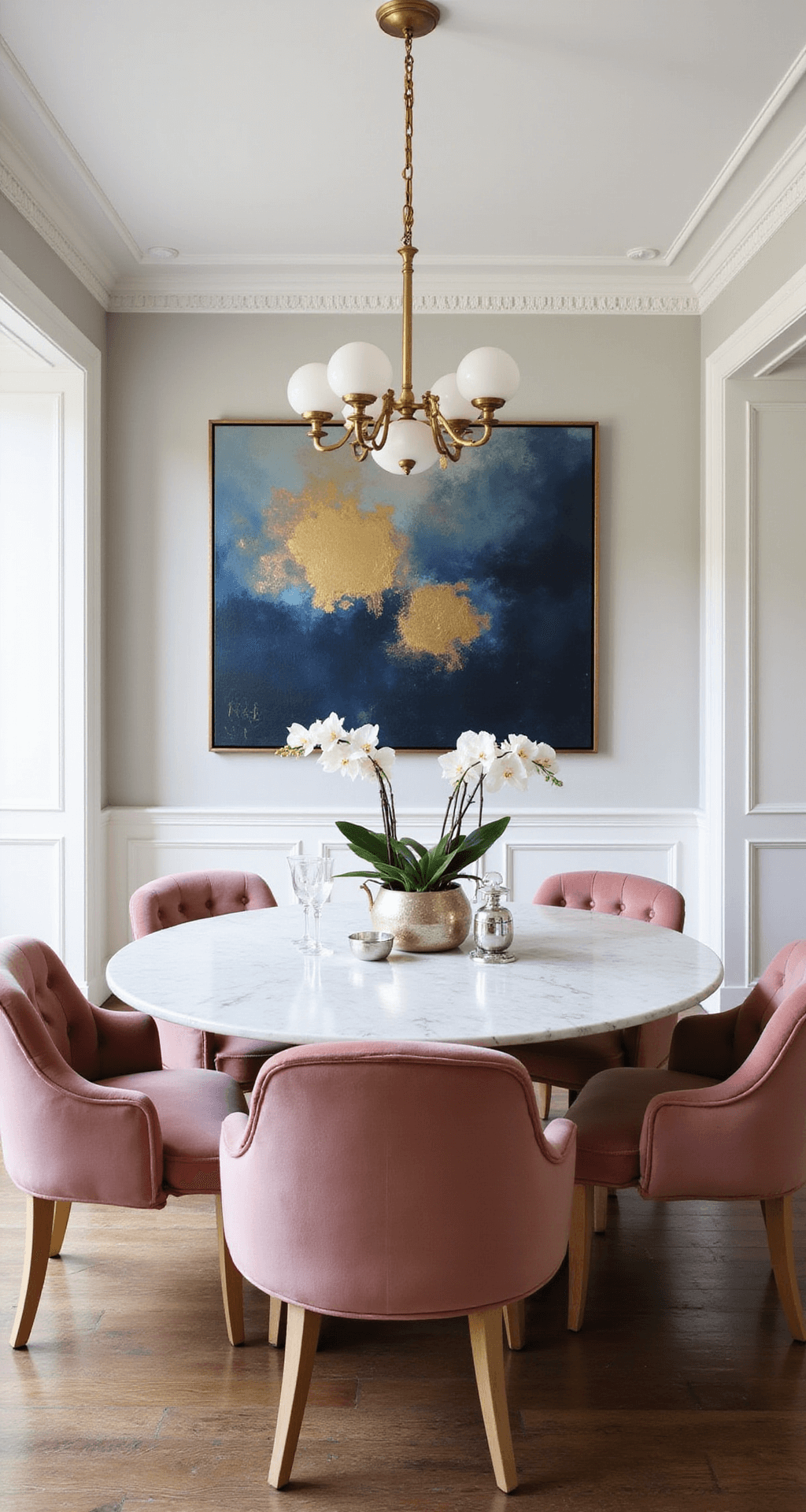 Intimate midday dining space featuring a round marble table with blush pink velvet chairs, restored crown molding and wainscoting, a vintage brass chandelier with milk glass globes, and a navy and gold abstract canvas backdrop, adorned with fresh orchids and crystal stemware.