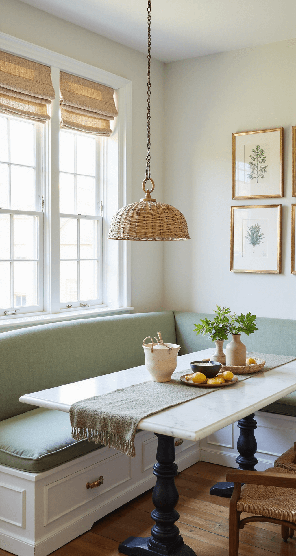 Sun-filled breakfast nook with bay windows and built-in sage green velvet banquette, marble pedestal table, rattan pendant light, brass hardware, and a gallery wall of botanical prints in brass frames, featuring layered table styling with linen runners, ceramic vessels, and fresh citrus.
