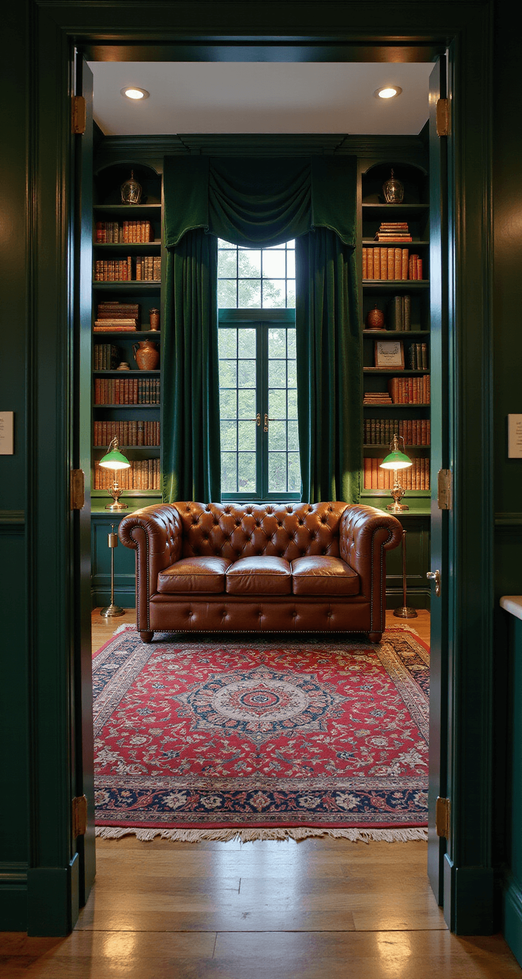 A cozy library-office space featuring deep forest green built-in bookshelves, a leather Chesterfield sofa, vintage Persian rug, brass étagères with books and decorative objects, and emerald velvet curtains framing leaded glass windows, all illuminated by warm artificial light at dusk.