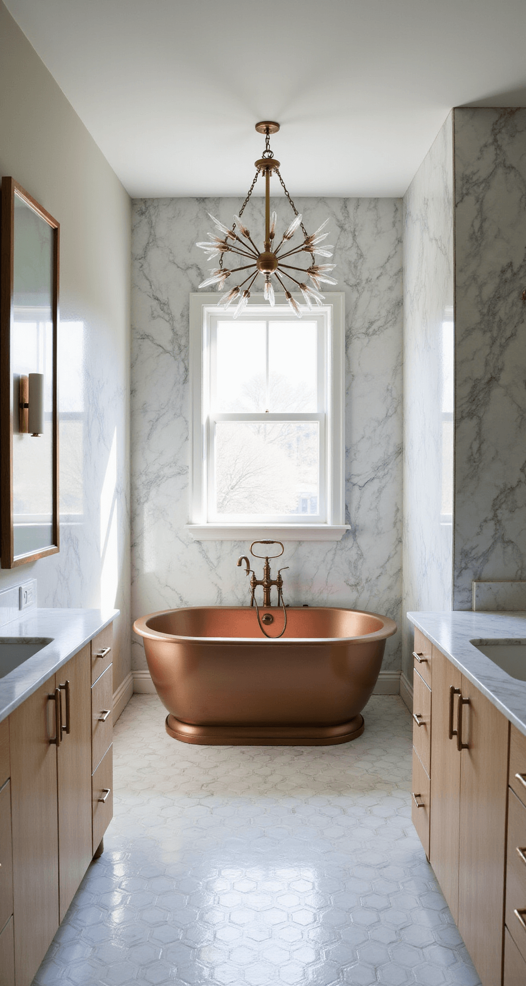 A luxurious primary bathroom featuring bookmatched marble shower walls, hexagon floor tiles, a freestanding copper soaking tub under a modern chandelier, a double vanity in bleached oak with honed marble, and antiqued brass fixtures, all illuminated by morning light through a floor-to-ceiling privacy glass window.