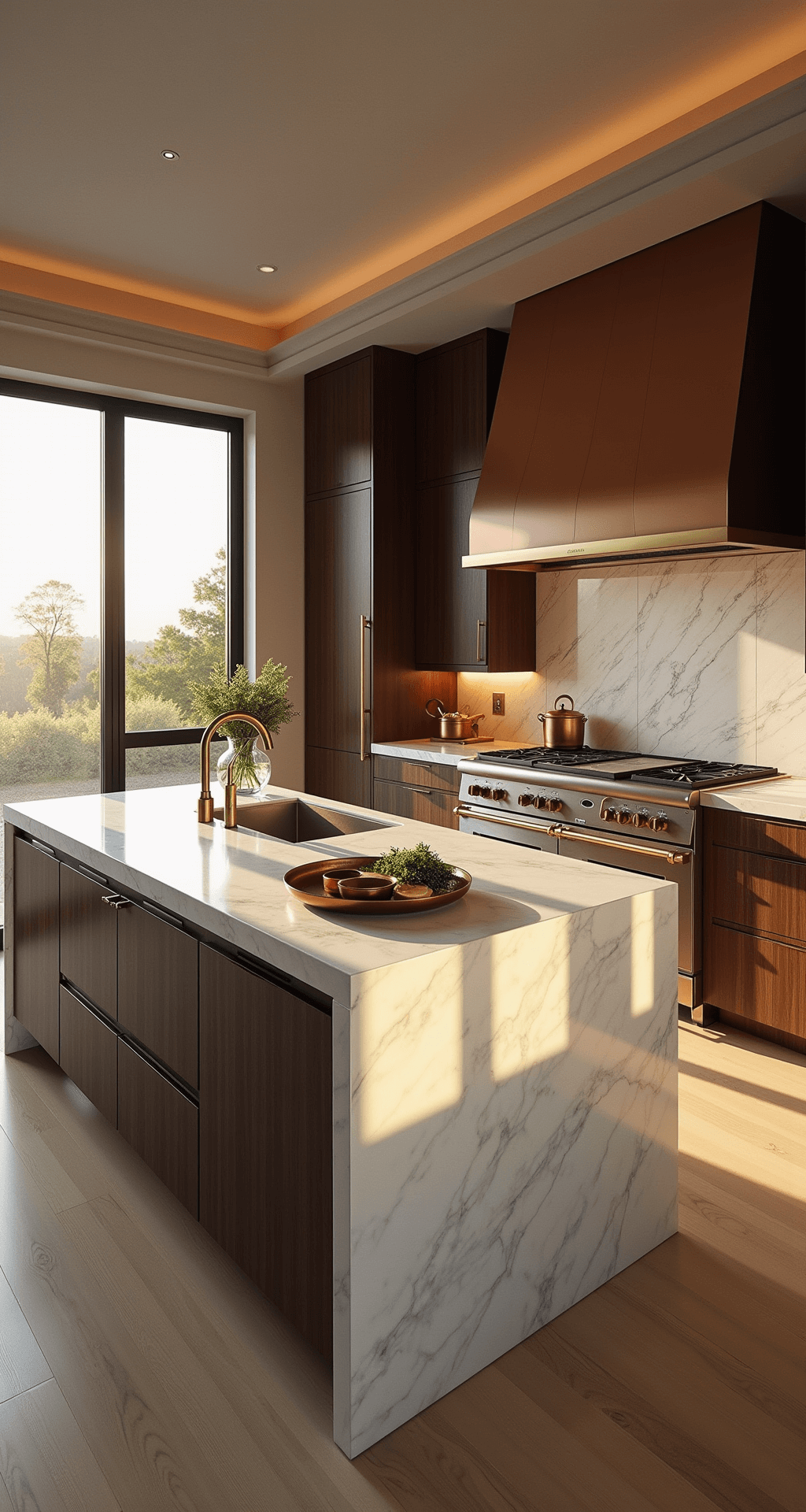 A luxurious open-concept kitchen with a Calacatta Gold marble island, walnut cabinetry, and a Wolf range, bathed in warm golden hour sunlight streaming through floor-to-ceiling windows.