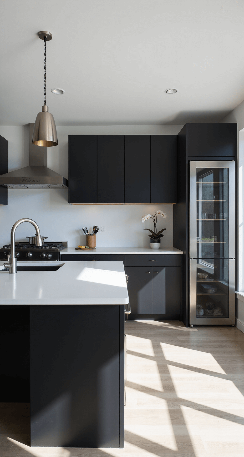 Modern minimalist kitchen featuring matte black cabinetry, white quartz countertops, and seamless backsplash, with a central island and brushed nickel pendant lights, accented by a Sub-Zero glass-front refrigerator. The photo, taken from an elevated position, highlights clean lines and geometric forms, enhanced by dramatic shadows and minimal styling with a single orchid and organized cookware.