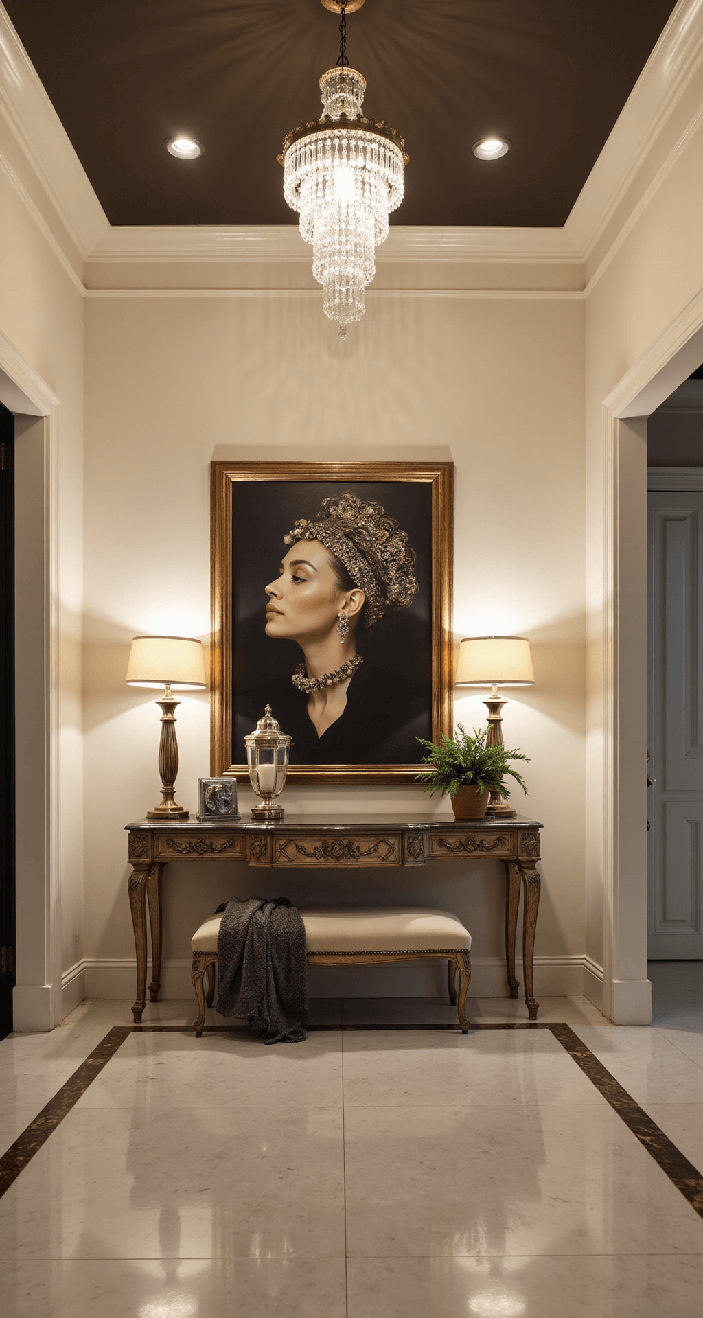 Elegant entry foyer featuring a grand 10x12ft space with a 15ft ceiling and statement chandelier, accented by evening ambient lighting. The room includes an antiqued mirror console table topped with large-scale art and sconces, marble flooring with an inlay pattern, and velvet bench seating in a cream, gold, and black palette, captured from a low angle to emphasize the height and dramatic lighting.