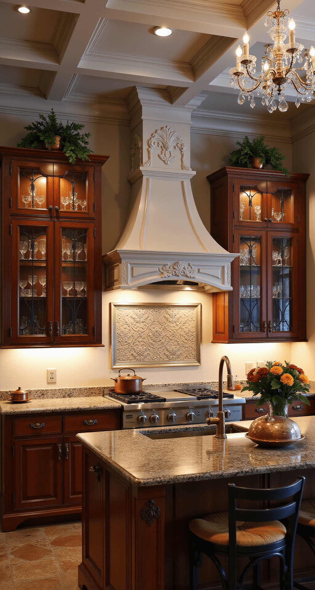 Traditional luxury kitchen featuring hand-carved cherry cabinets, a La Cornue range, and a crystal chandelier, captured during blue hour with warm ambient lighting, polished granite surfaces, and decorative accessories.