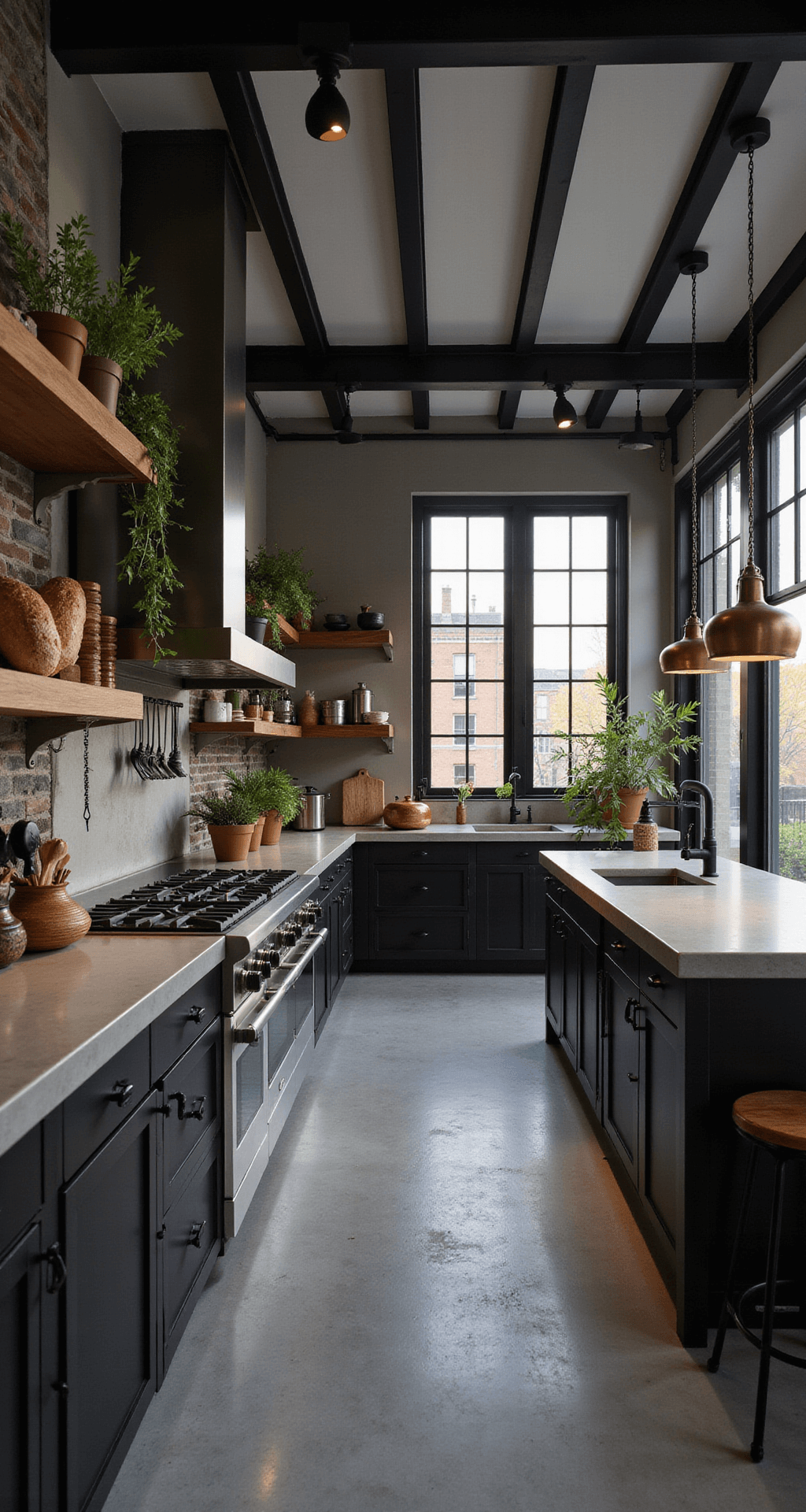 Industrial-chic kitchen featuring exposed steel beams, concrete countertops, and black steel-framed windows; includes stainless appliances, matte cabinets, open shelving with earthenware and tools, pendant and track lighting, potted herbs, artisanal bread, and copper accents.