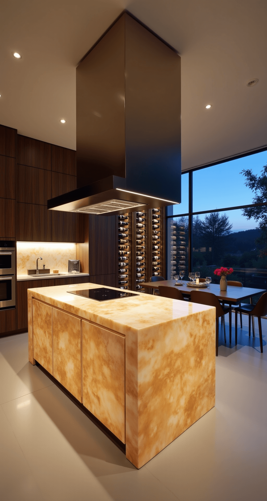Contemporary luxury kitchen featuring a glowing onyx island, dark oak cabinets, integrated Gaggenau appliances, and a polished steel hood, photographed at twilight with dramatic lighting and minimal decor.
