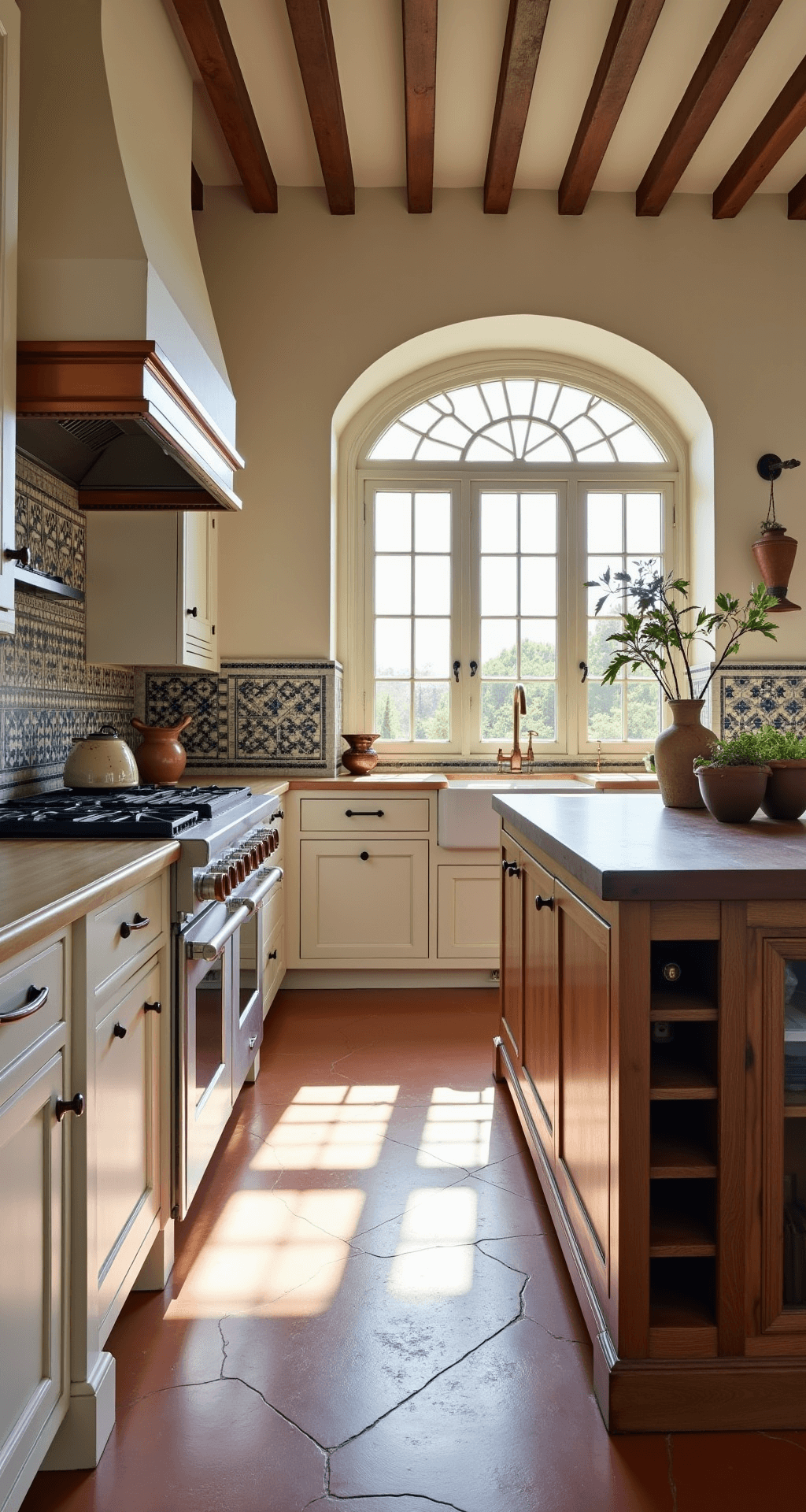 A Mediterranean-inspired kitchen featuring terracotta floors, a hand-painted tile backsplash in blues and whites, and a plastered range hood with copper trim. An antique olive wood island with a prep sink and wine storage is visible, along with vintage copper and pottery decor. The scene is bathed in warm afternoon light, enhancing the textures and arched window sight lines.