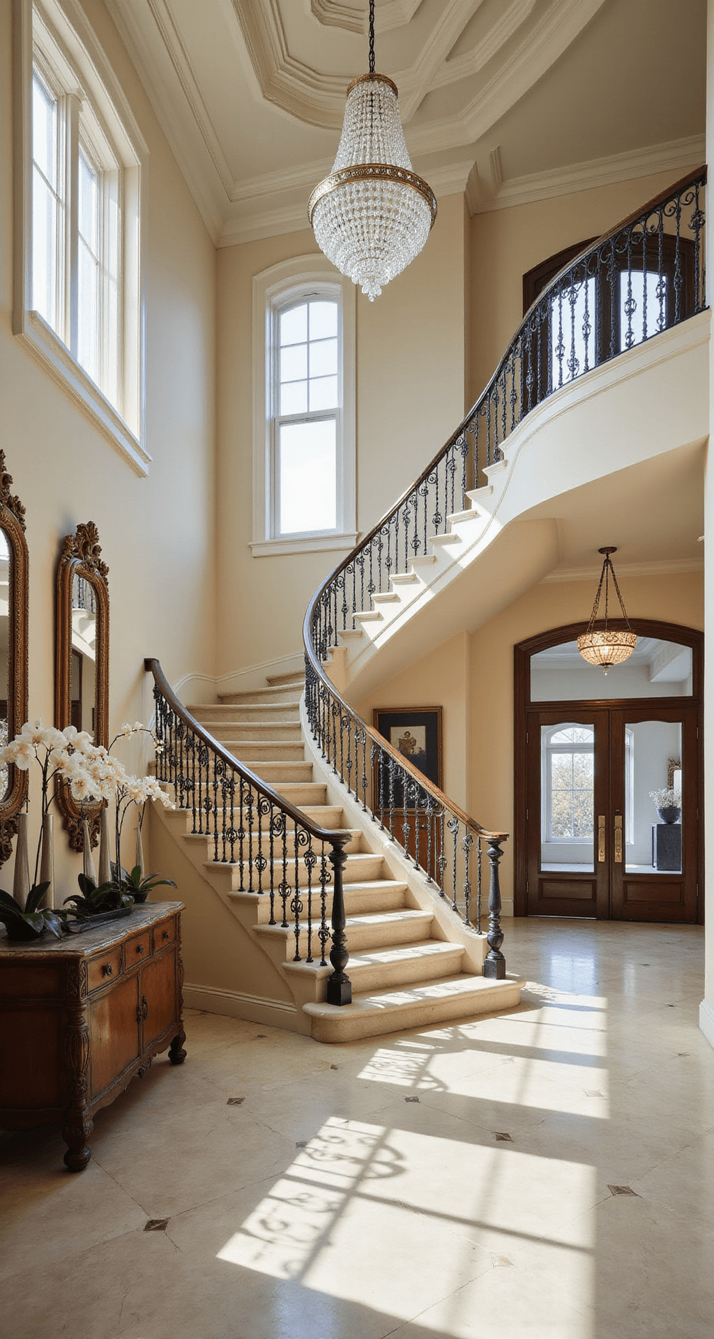 A grand 20-foot high foyer illuminated by morning light, featuring a sweeping marble double staircase with wrought iron railings, a crystal chandelier, cream marble floors with geometric inlays, oversized bronze mirrors, and a hand-carved console table adorned with orchids, captured from ground level to emphasize its elegance.