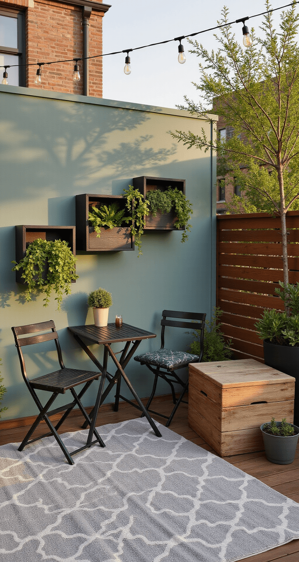 A cozy urban patio at golden hour featuring a geometric rug, a black metal bistro set, a weathered teak ottoman, and lush plants in modular wall planters, illuminated by string lights.
