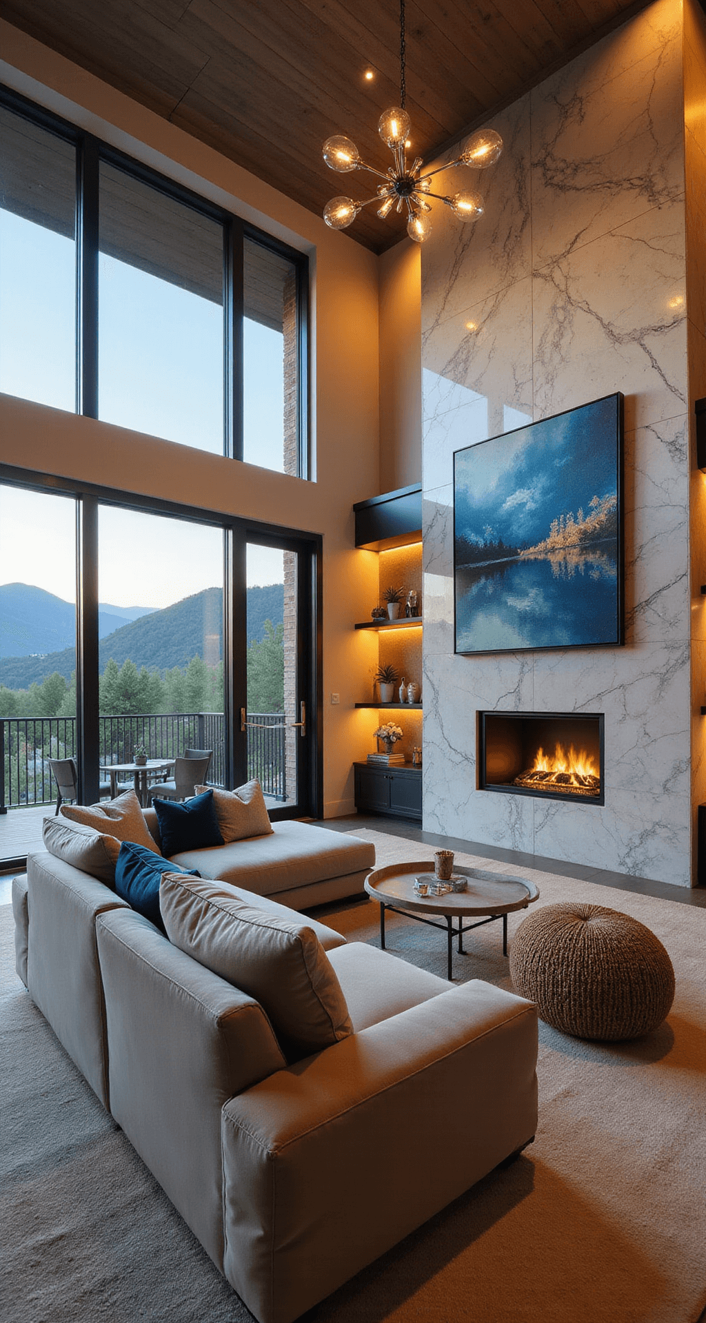 Expansive great room at golden hour with mountain views through large windows, featuring a pearl grey velvet sectional, jewel-toned silk pillows, a bookmatched marble fireplace, layered modern lighting, and an abstract blue and gold canvas.