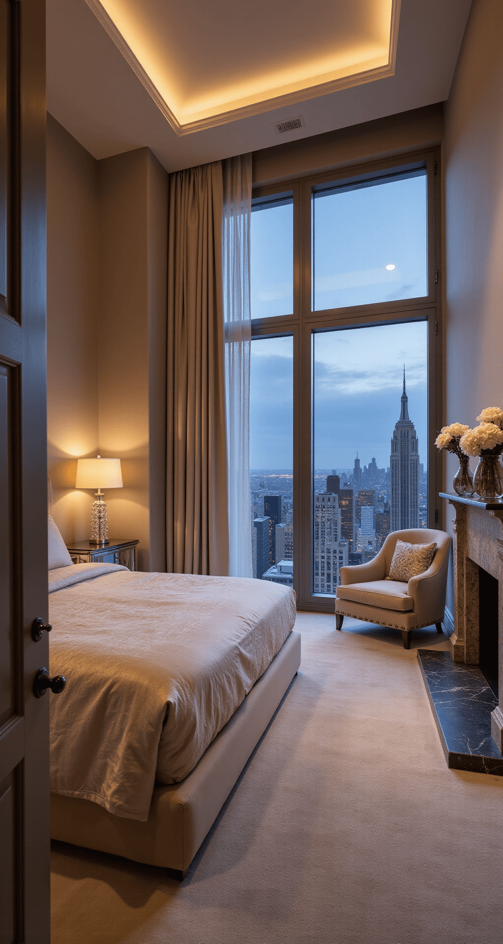 Master suite at dusk featuring a custom upholstered king bed with a champagne silk duvet, overlooking city lights through floor-to-ceiling windows. The room includes a separate sitting area with a blush velvet chaise lounge near a marble fireplace, an antiqued mirror nightstand with a crystal lamp, and a soft cream Himalayan wool carpet. Ambient cove lighting and sheer drapery enhance the luxurious atmosphere.