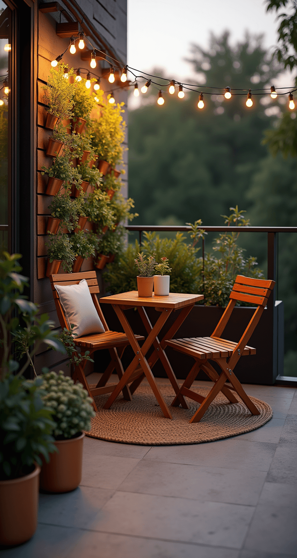 Intimate balcony patio at dusk featuring modern glass railing, concrete floor with a jute rug, acacia wood folding chairs, multifunctional nested table, vibrant vertical garden wall with herbs and ivy, warm LED string lights, and a color palette of earth tones, copper accents, and deep greens, captured with a wide-angle lens.