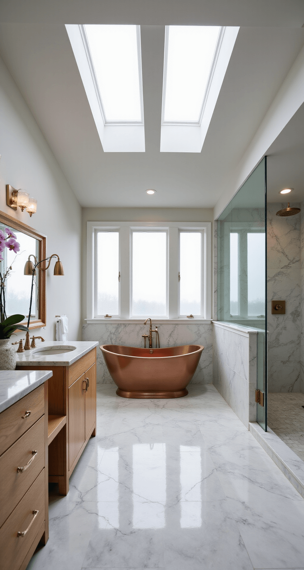 Spa-inspired master bath with frosted skylights, Calacatta marble walls, freestanding copper soaking tub, bleached oak double vanity with backlit onyx, herringbone heated marble floors, seamless glass shower, orchids, and burnished brass accents, captured from corner in rich detail.