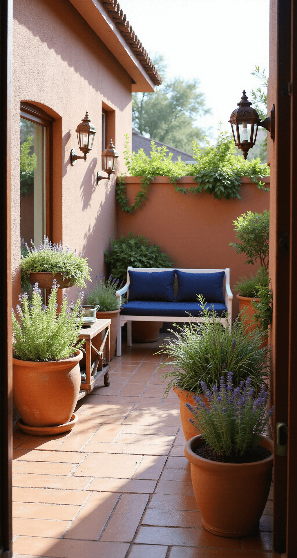 Sun-drenched courtyard patio with terracotta planters of lavender, rosemary, and citrus, featuring a white metal loveseat with navy cushions, a slim console, and decorative Moroccan lanterns, captured in soft focus to convey a dreamy morning ambiance.