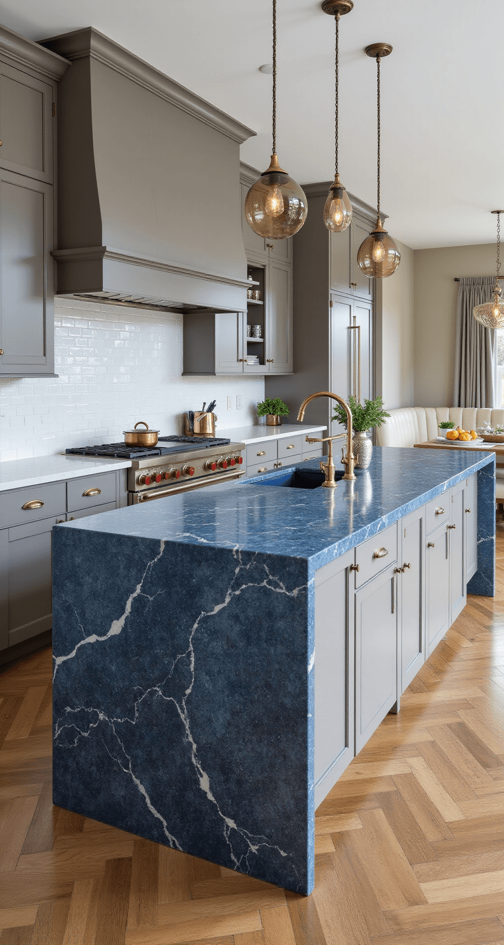 A modern chef's kitchen at midday showcasing a 14ft blue granite island with waterfall edges, brass fixtures, warm grey lacquer cabinetry, smoked glass pendant lights, and herringbone white oak floors leading to a cream leather banquette dining area, adorned with copper cookware and fresh herbs.