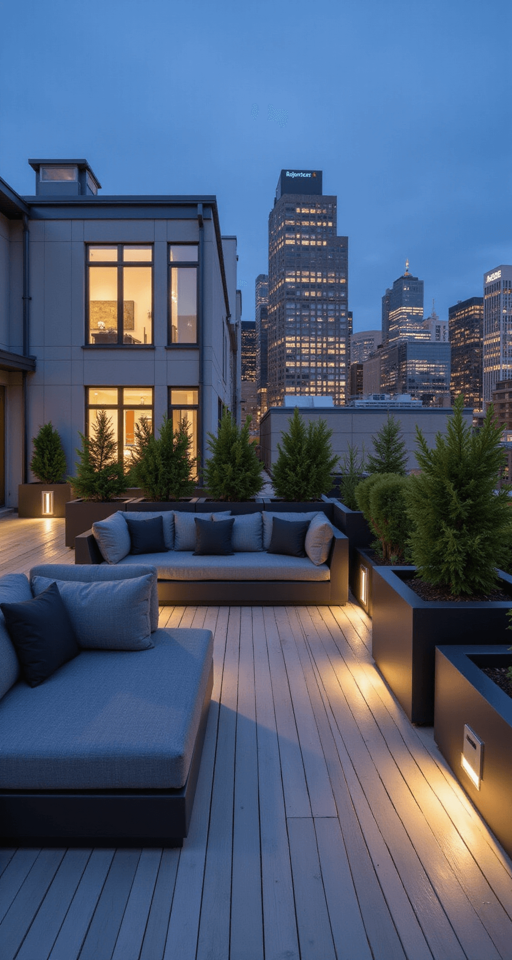 Twilight rooftop patio with silvered grey composite decking, modular charcoal sectional seating, matte black geometric planters, and glass windscreens with integrated lighting, showcasing an urban industrial aesthetic against a city lights backdrop.