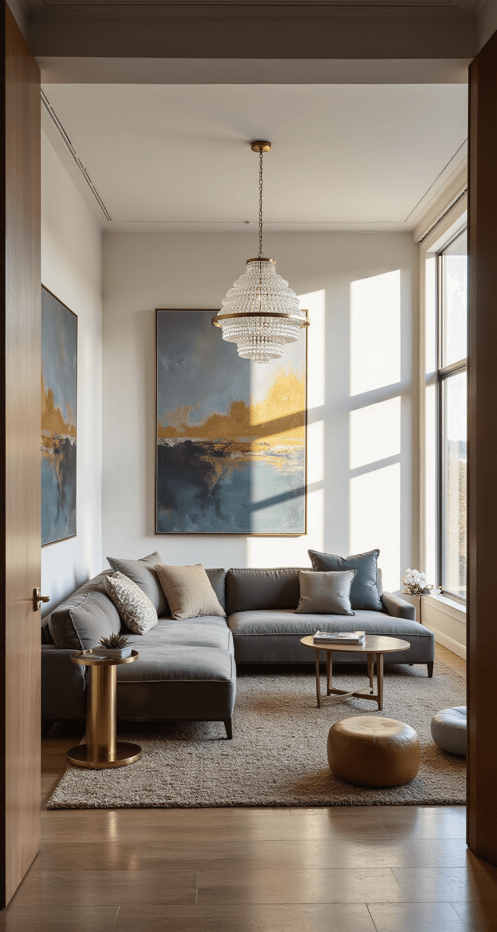 A spacious living room at golden hour, featuring floor-to-ceiling windows, a grey velvet L-shaped sofa, and oversized abstract art on ivory walls, complemented by brass accent tables and layered textures. A crystal chandelier casts dramatic shadows, creating a sophisticated yet welcoming atmosphere.