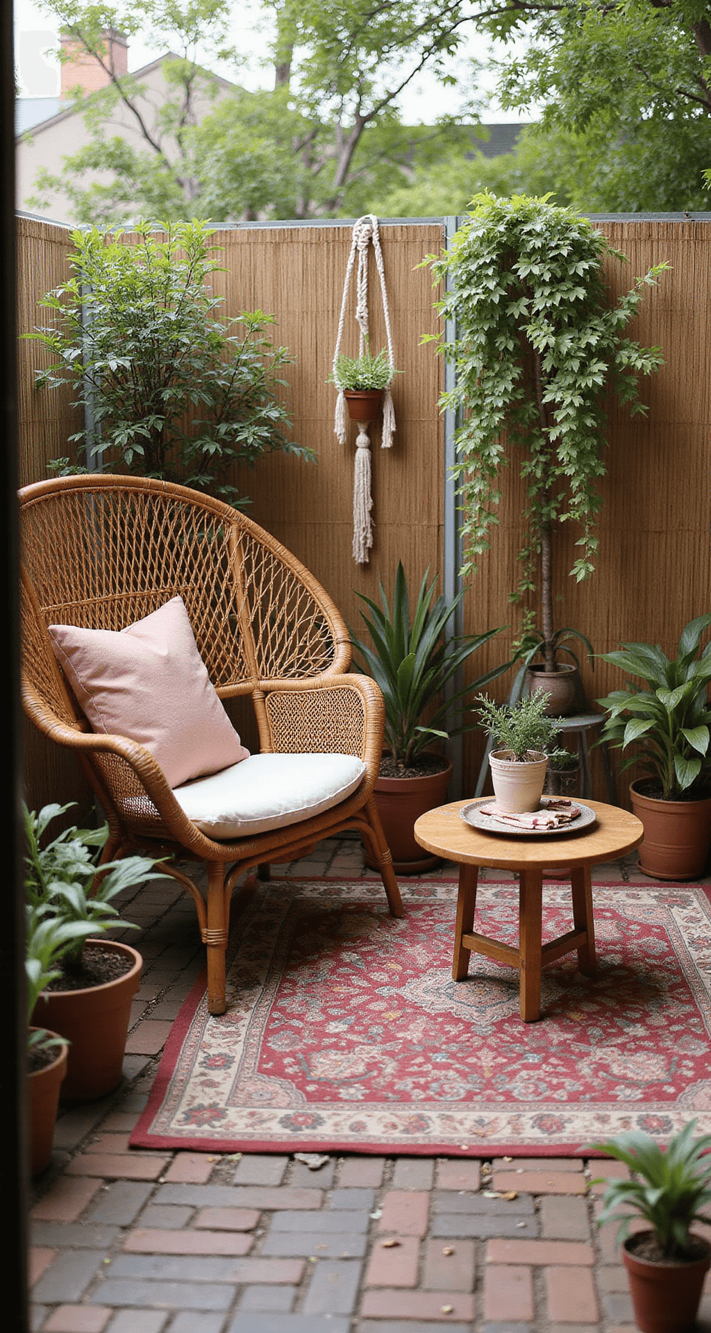 A bohemian garden patio featuring reclaimed brick flooring, a vintage outdoor rug, a rattan peacock chair, layered floor cushions, and a low wooden coffee table, adorned with macramé plant hangers and bamboo screens, all in warm terracotta and dusty rose hues, captured in soft focus during mid-morning light.