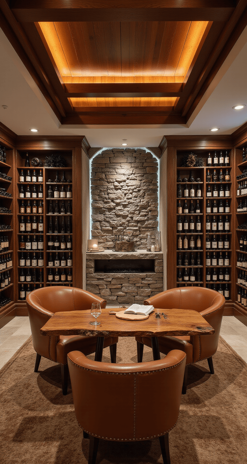 A sophisticated wine cellar featuring ambient LED lighting, walnut racking showcasing wine bottles, a live-edge wood center table with leather club chairs, an accent wall of stacked stone with a water feature, and a temperature-controlled glass enclosure with vintage decanters and a cheese board, all captured in a moody atmosphere.