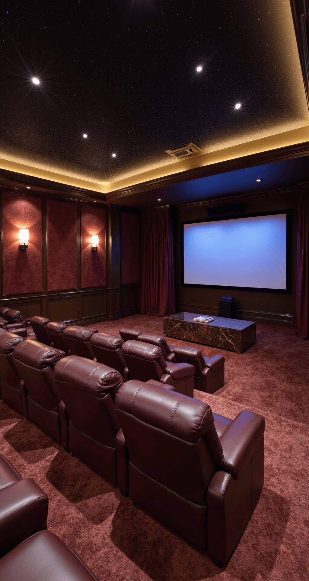 Home theater featuring tiered seating with oversized burgundy leather recliners, a 150-inch screen flanked by automated velvet curtains, acoustic fabric panel walls, art deco-inspired sconces, a custom bar area with backlit onyx, and a fiber optic star ceiling, all captured in low light to enhance the theatrical atmosphere.