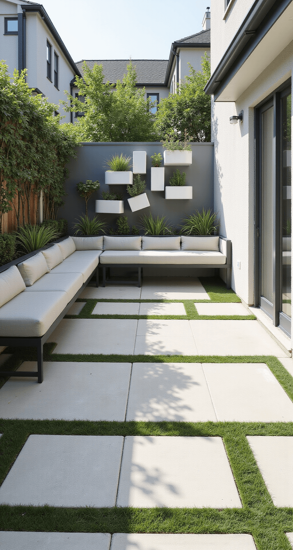 Modern minimalist side patio with concrete paver grid and artificial grass insets, featuring foldable bench seating with hidden storage, a vertical garden wall with geometric white and grey planters, and high contrast shadows.