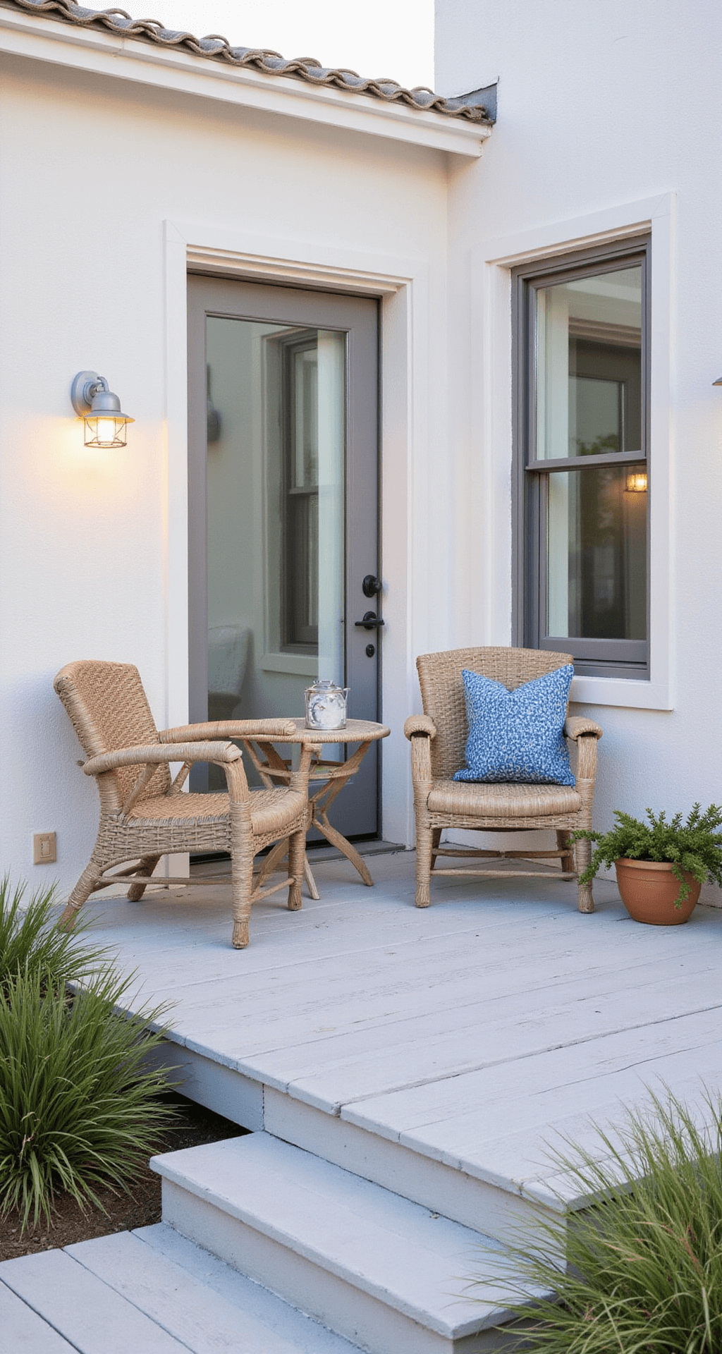 A serene coastal-inspired enclosed patio featuring whitewashed wood decking and white stucco walls, captured at sunset. The space includes compact woven seating with two chairs and an adjustable-height side table, adorned with nautical accessories and potted coastal grasses, all in soft blues, sandy beiges, and weathered whites, illuminated by diffused lighting.